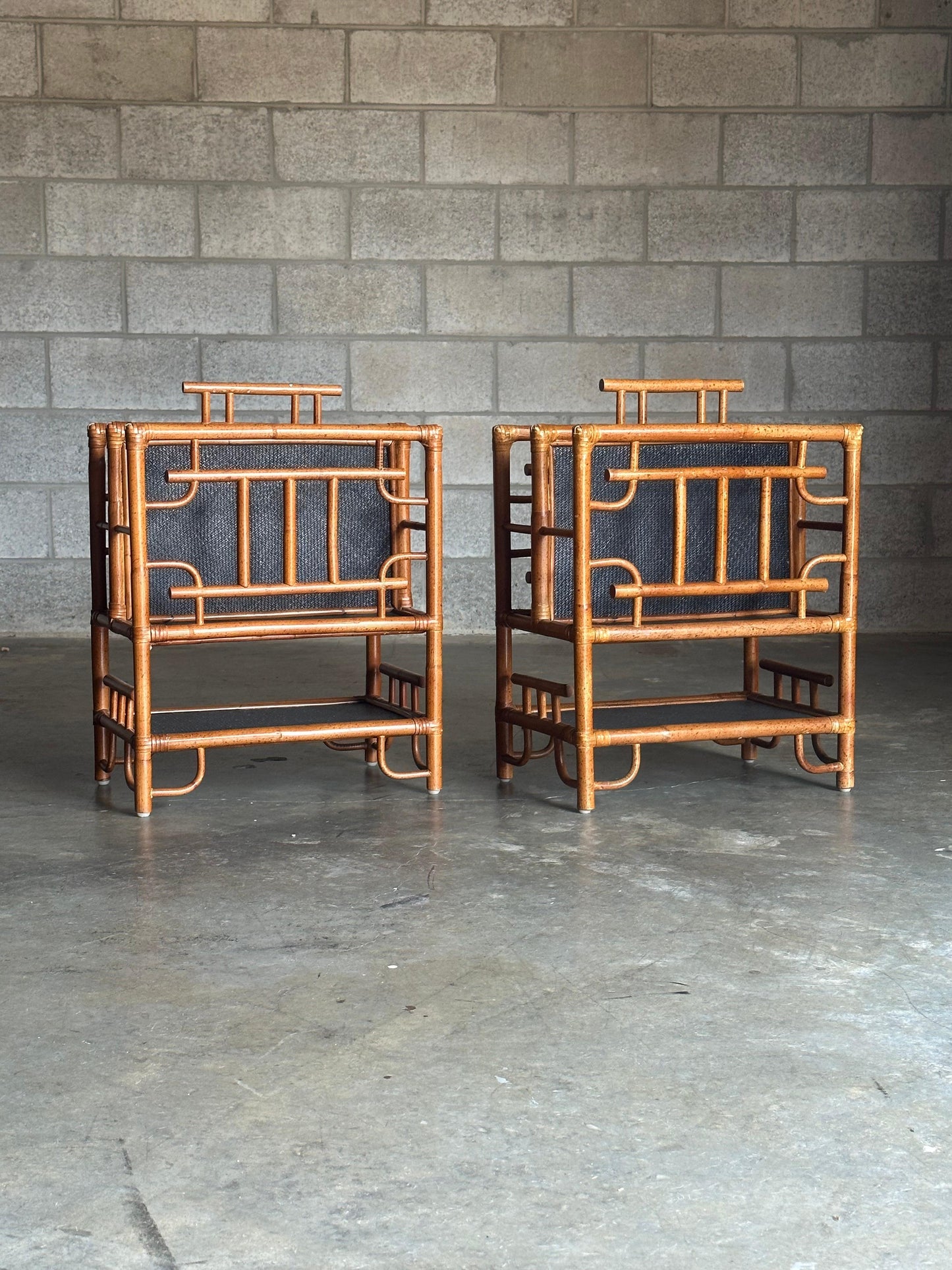 Frisman Vintage Vintage Pagoda British Colonial Style Bamboo and Cane Magazine Racks- a Pair