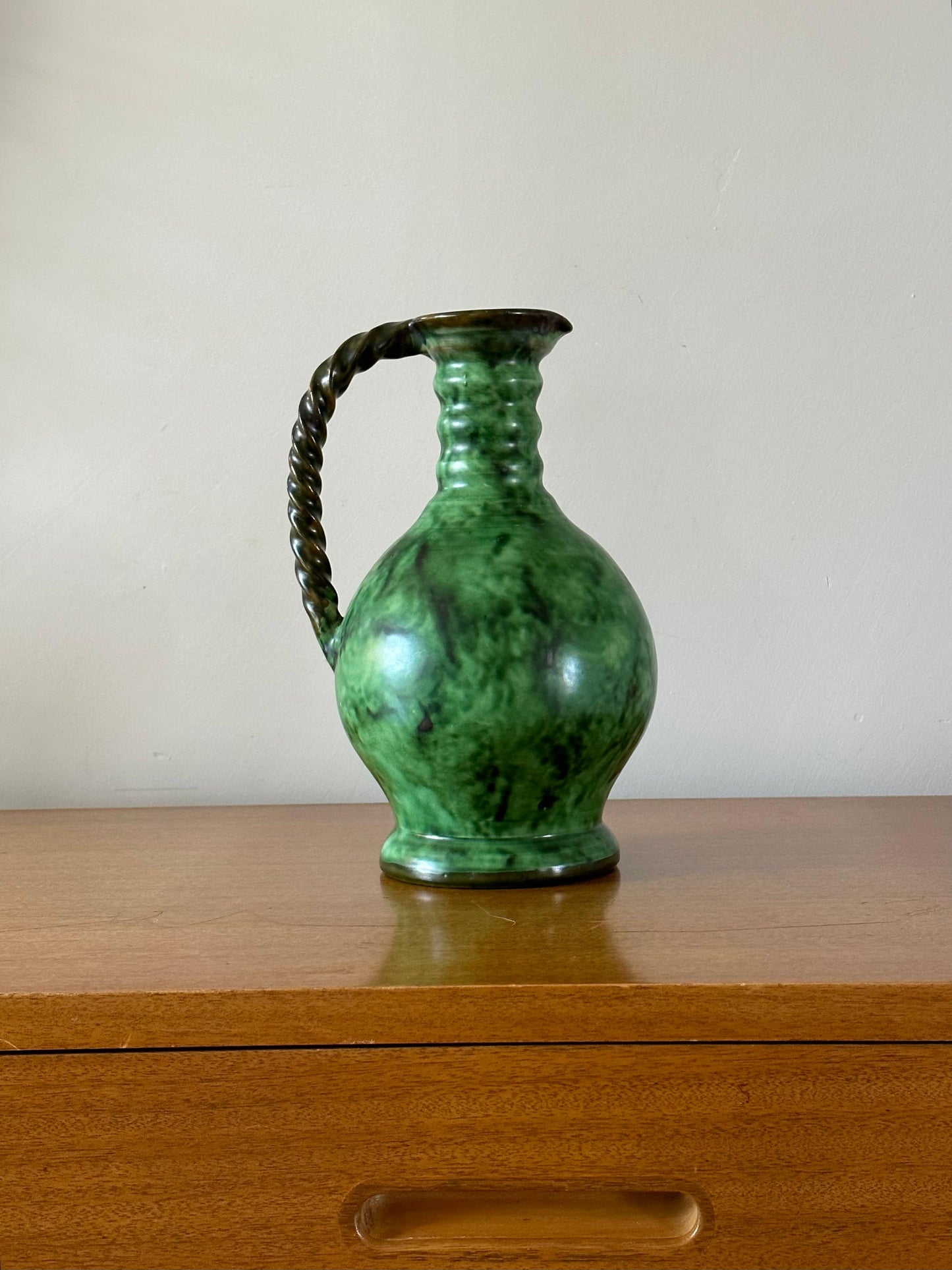 Frisman Vintage Erik Mornils Handled Pitcher Vase for Nittsjö Keramik, Sweden, Malachite Glaze