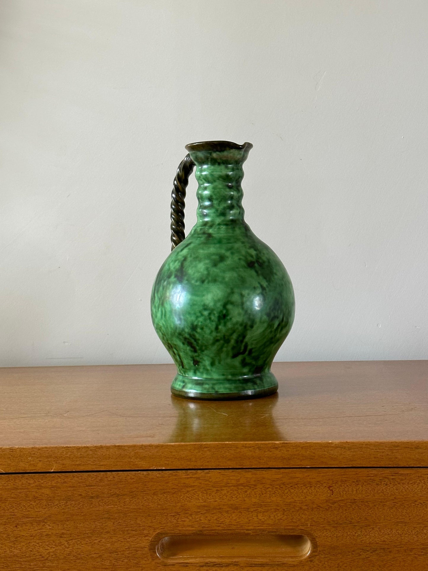 Frisman Vintage Erik Mornils Handled Pitcher Vase for Nittsjö Keramik, Sweden, Malachite Glaze