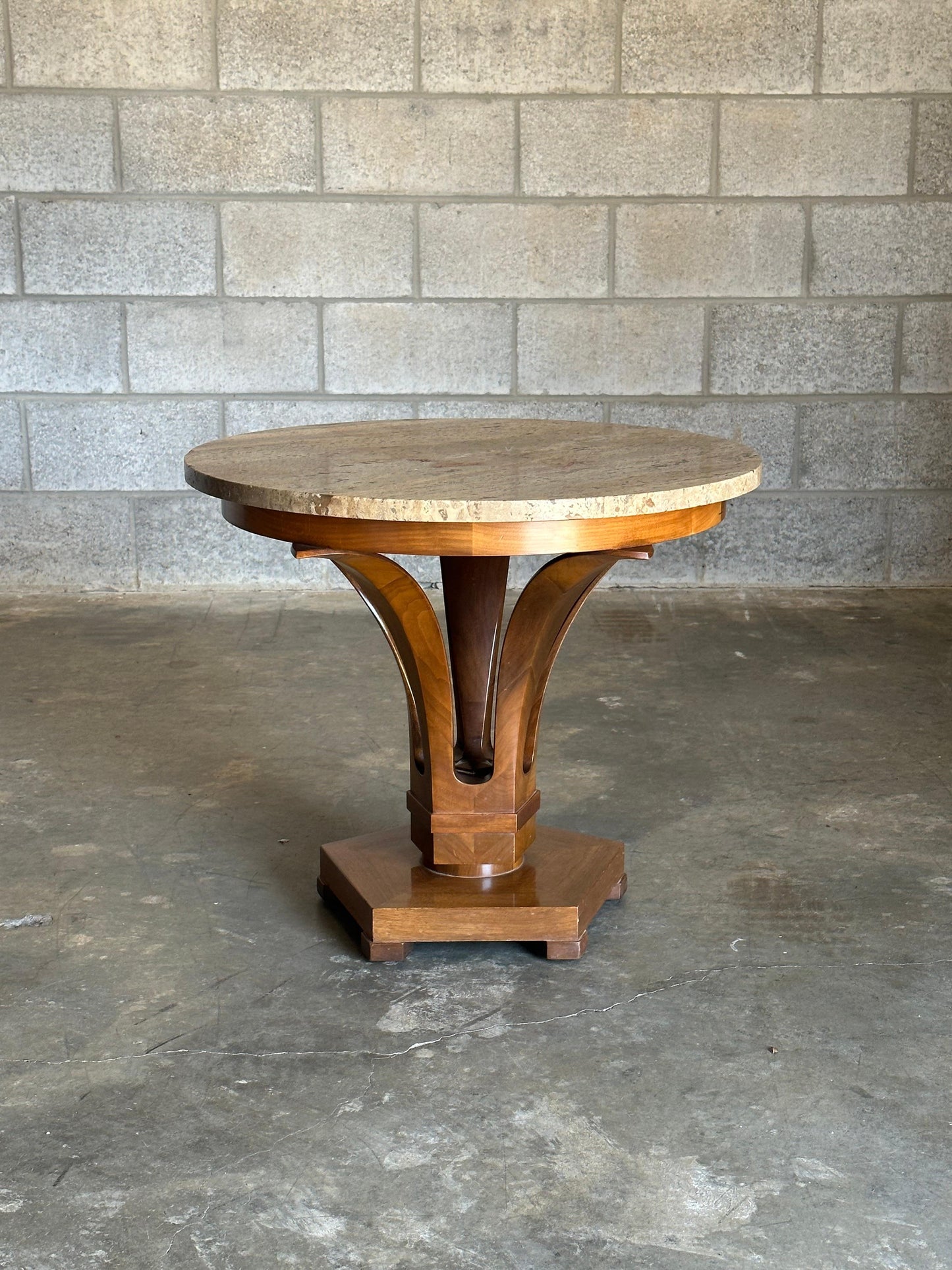 Frisman Vintage Edward Wormley for Dunbar Large Tulip End/ Side Table in Travertine and Walnut