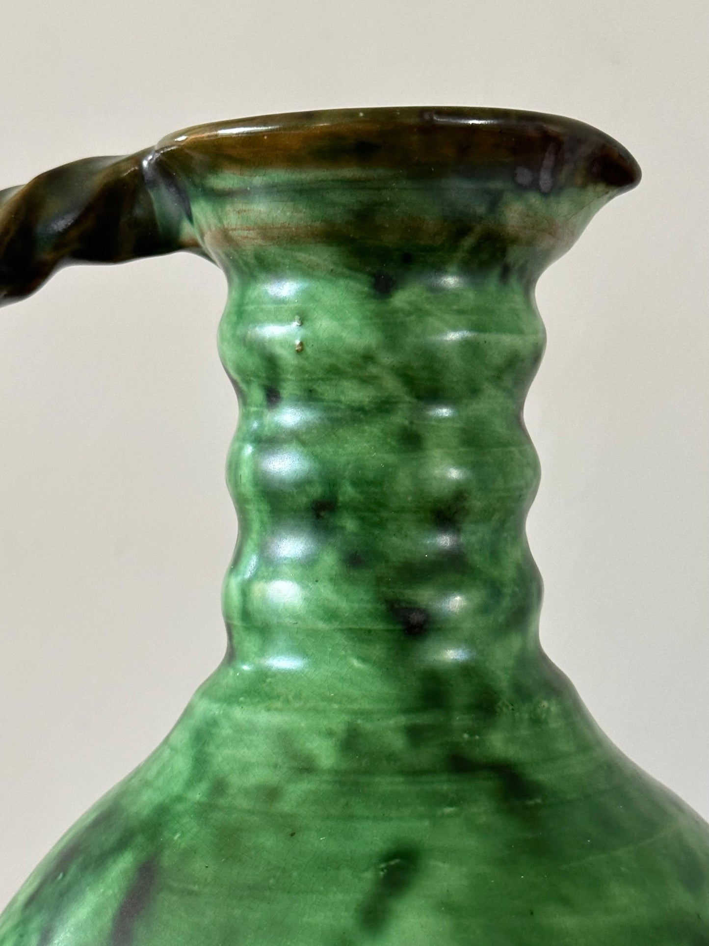 Frisman Vintage Erik Mornils Handled Pitcher Vase for Nittsjö Keramik, Sweden, Malachite Glaze