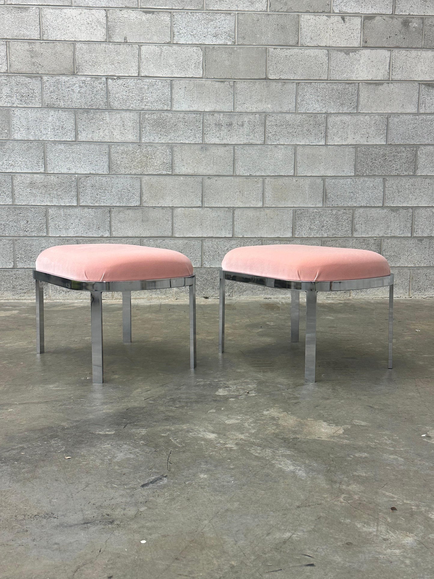 Frisman Vintage Large Chrome Stools or Ottomans Attributed to Milo Baughman- A Pair