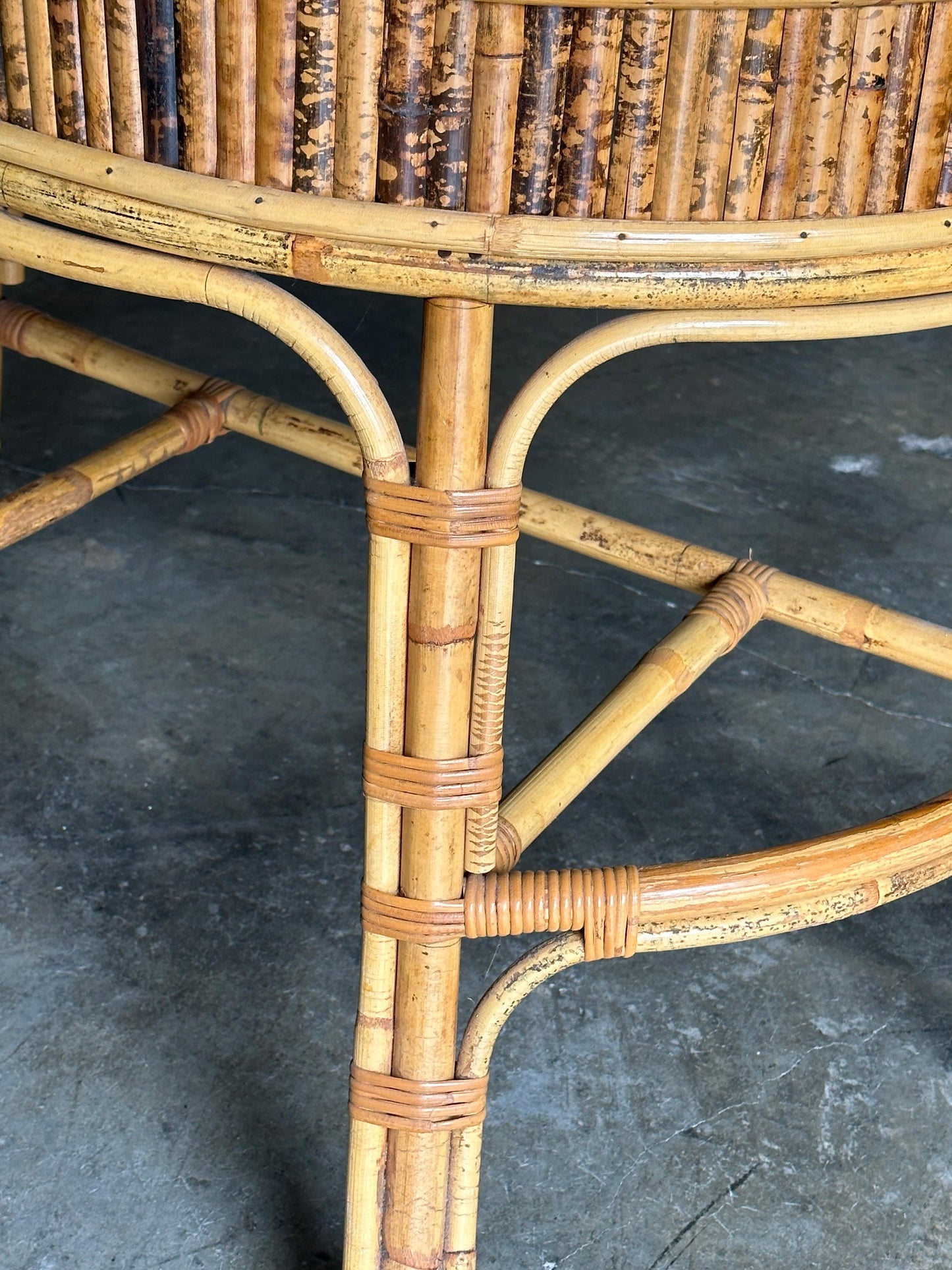 Frisman Vintage 1970s Burnt Bamboo and Rattan Demilune Console Table