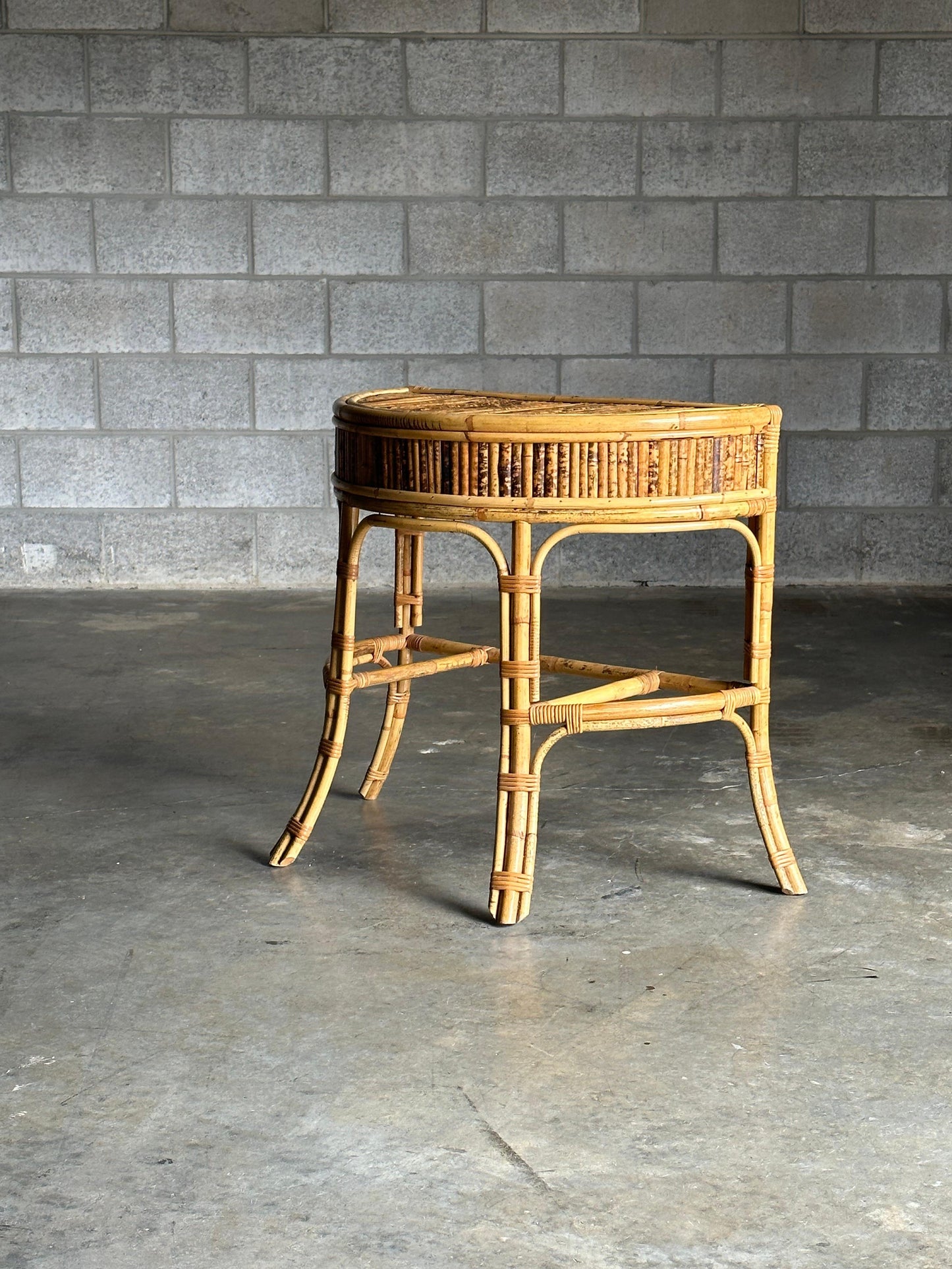 Frisman Vintage 1970s Burnt Bamboo and Rattan Demilune Console Table