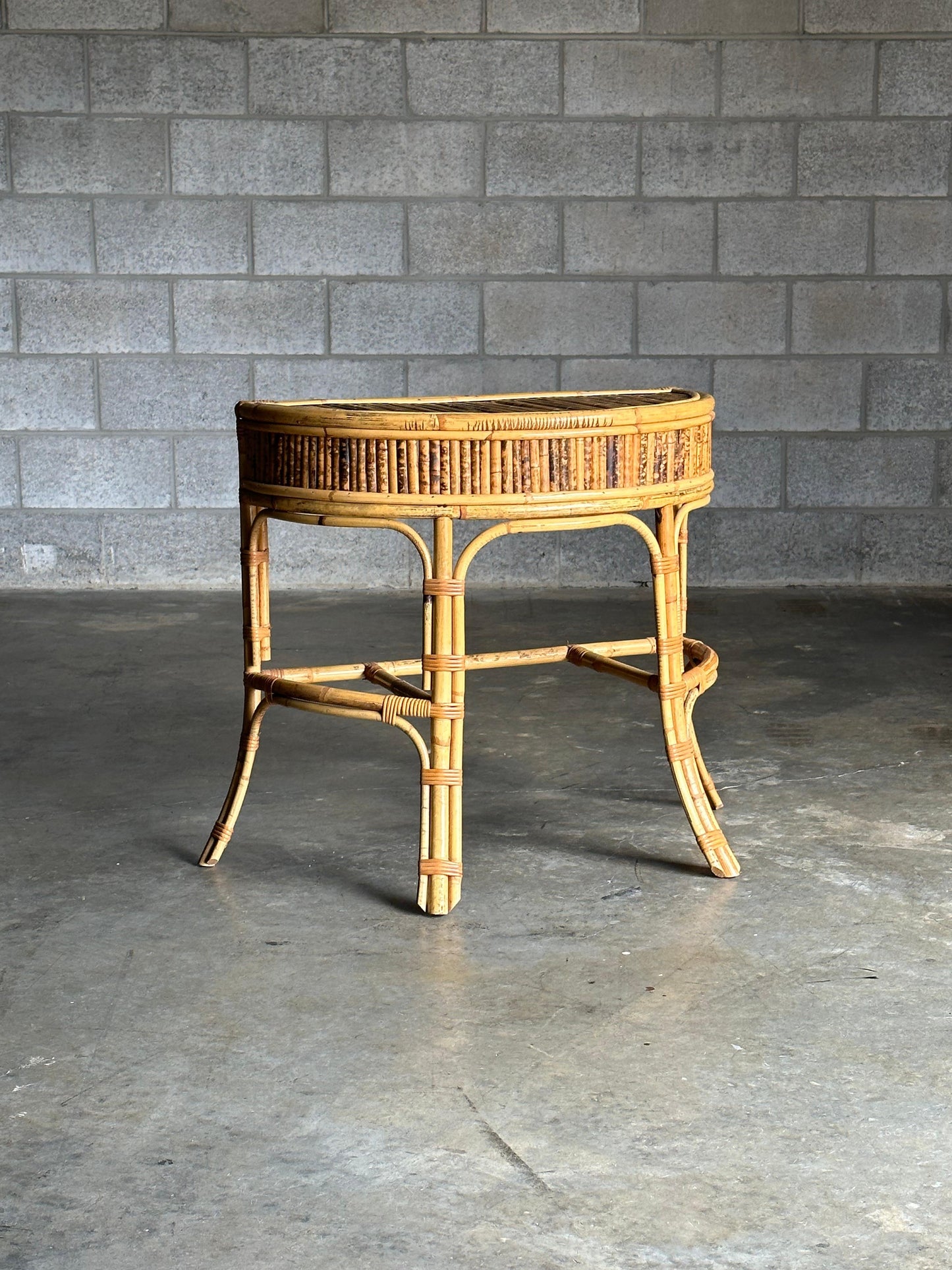 Frisman Vintage 1970s Burnt Bamboo and Rattan Demilune Console Table
