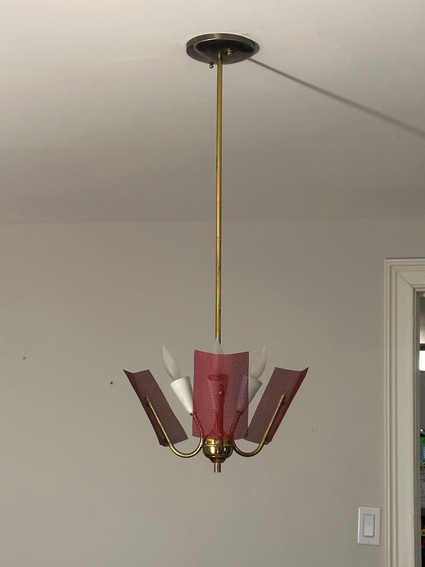 Frisman Vintage Mid Century Modern Perforated Red Metal and Brass Chandelier