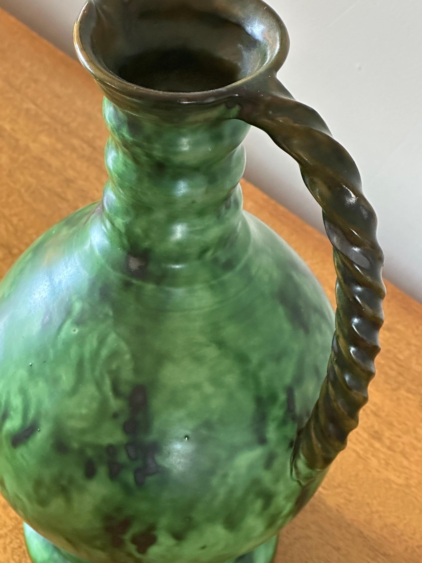 Frisman Vintage Erik Mornils Handled Pitcher Vase for Nittsjö Keramik, Sweden, Malachite Glaze