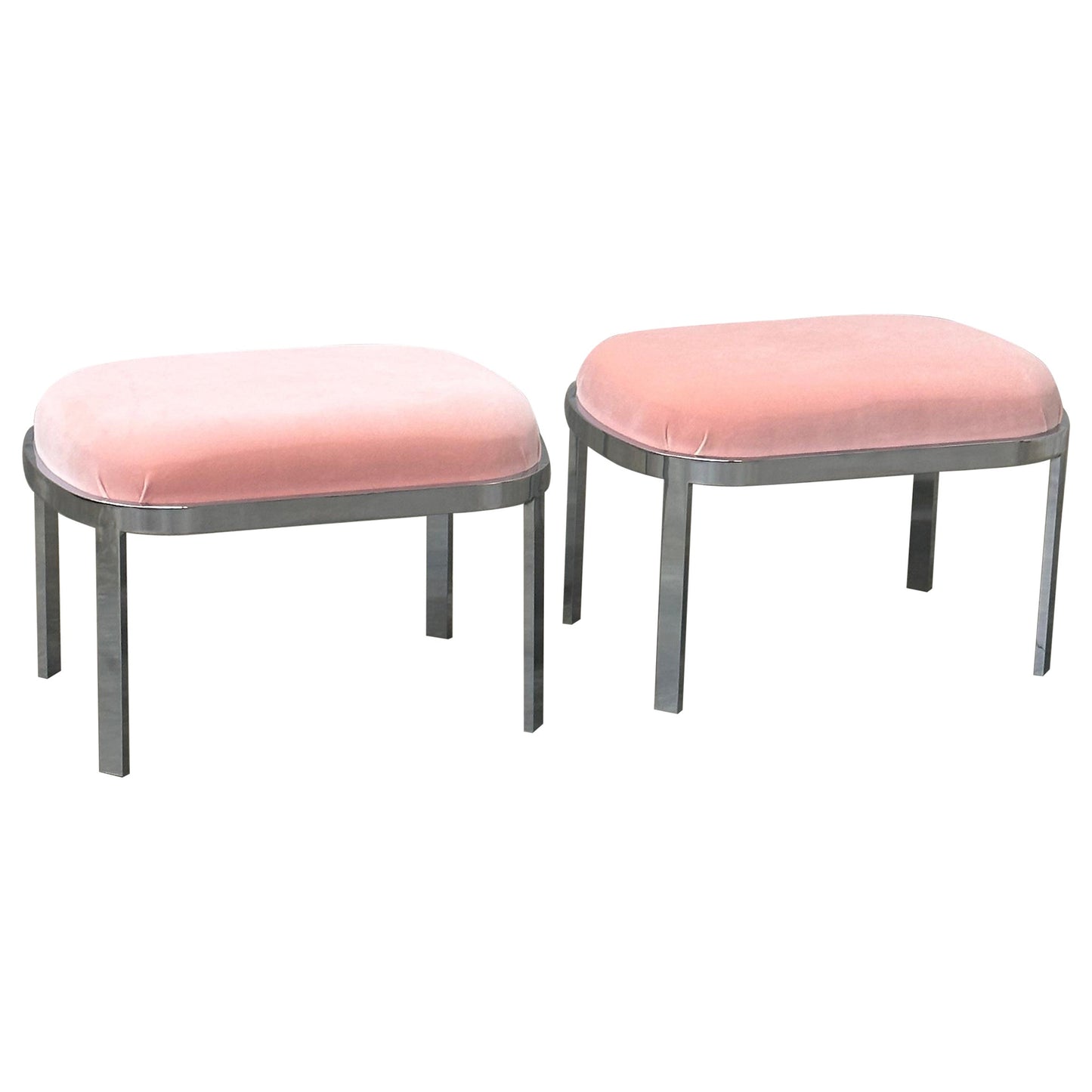 Frisman Vintage Large Chrome Stools or Ottomans Attributed to Milo Baughman- A Pair