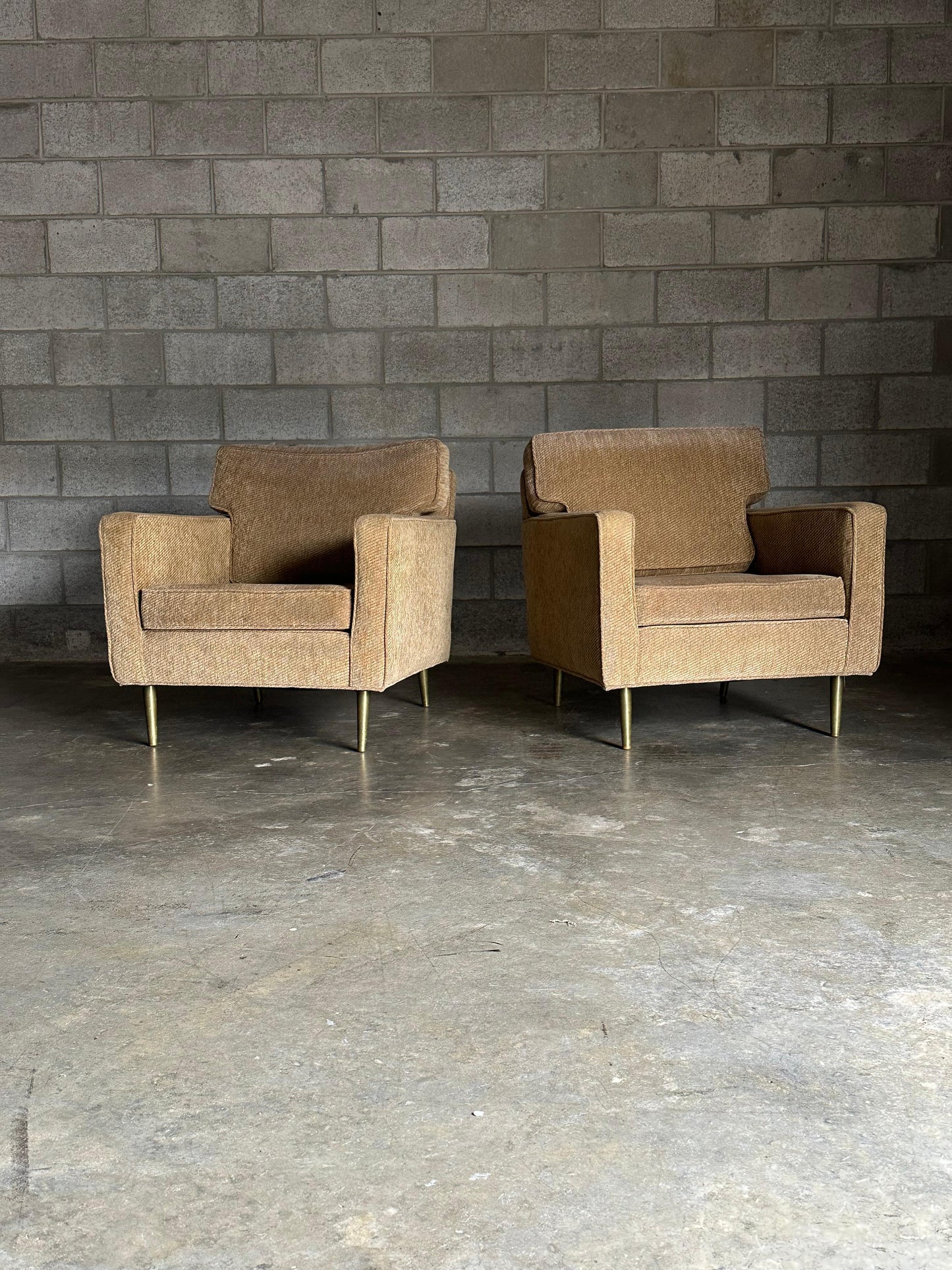 Frisman Vintage Edward Wormley for Dunbar Brass Leg Lounge Chairs and Ottoman