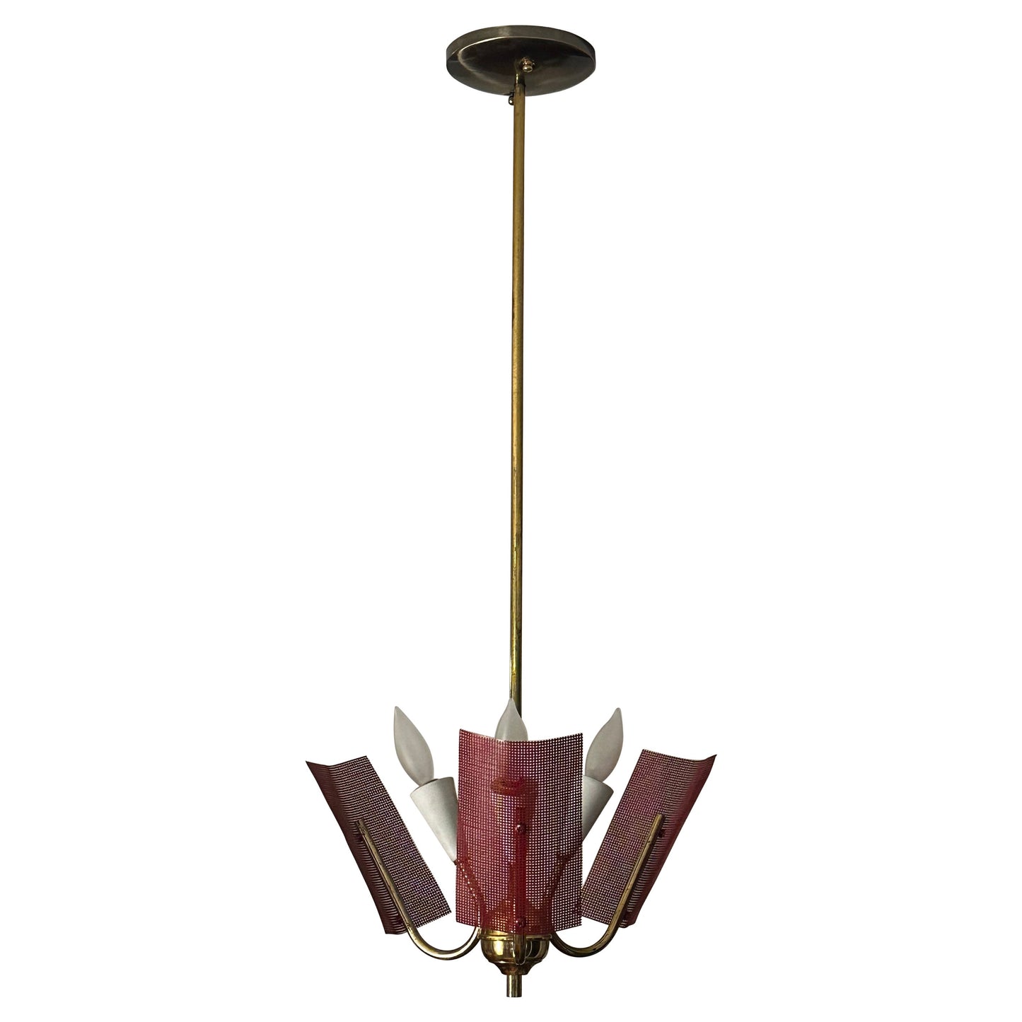 Frisman Vintage Mid Century Modern Perforated Red Metal and Brass Chandelier