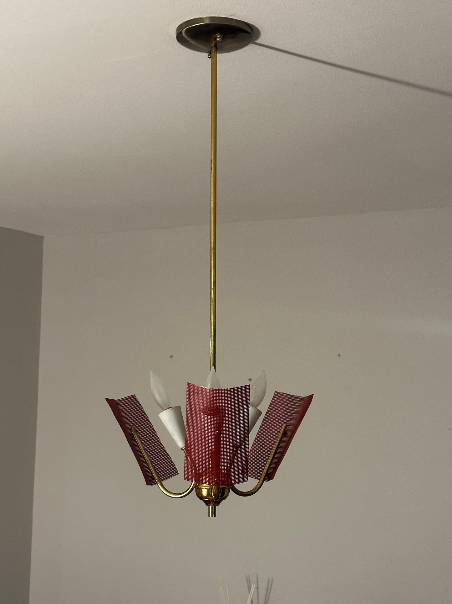 Frisman Vintage Mid Century Modern Perforated Red Metal and Brass Chandelier
