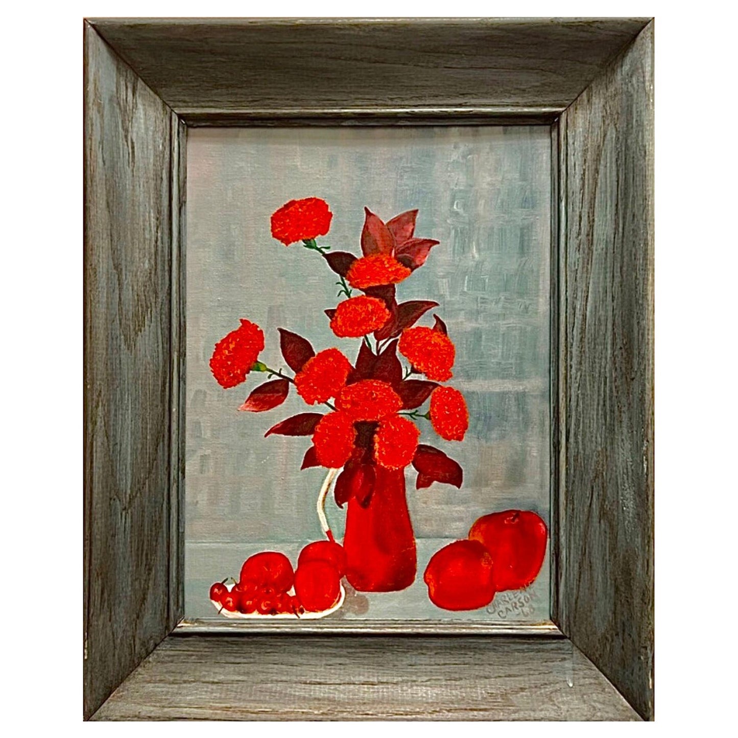 Frisman Vintage 60s Vintage Mid Century Modern Red Floral Still Life Oil Painting Framed