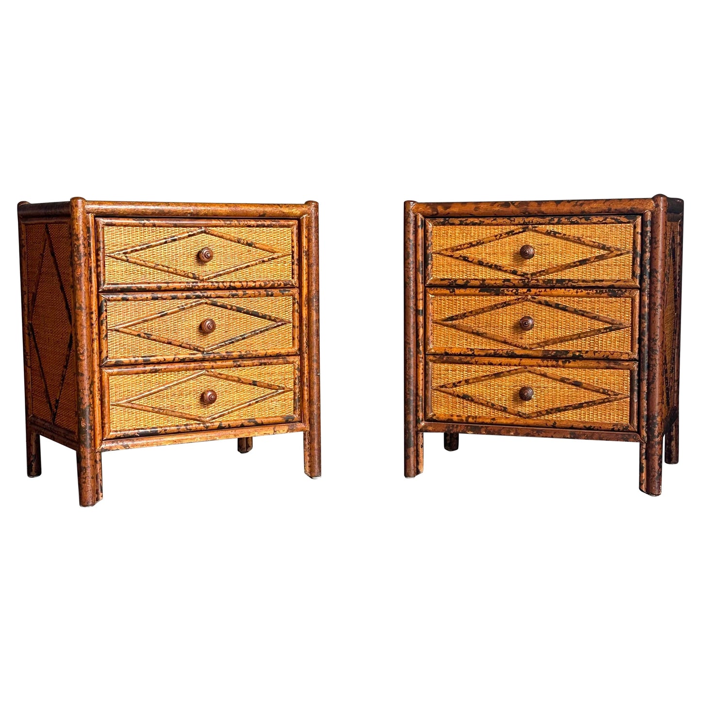 Frisman Vintage 1980s Vintage British Colonial Style Burnt Bamboo and Cane Nightstands- A Pair