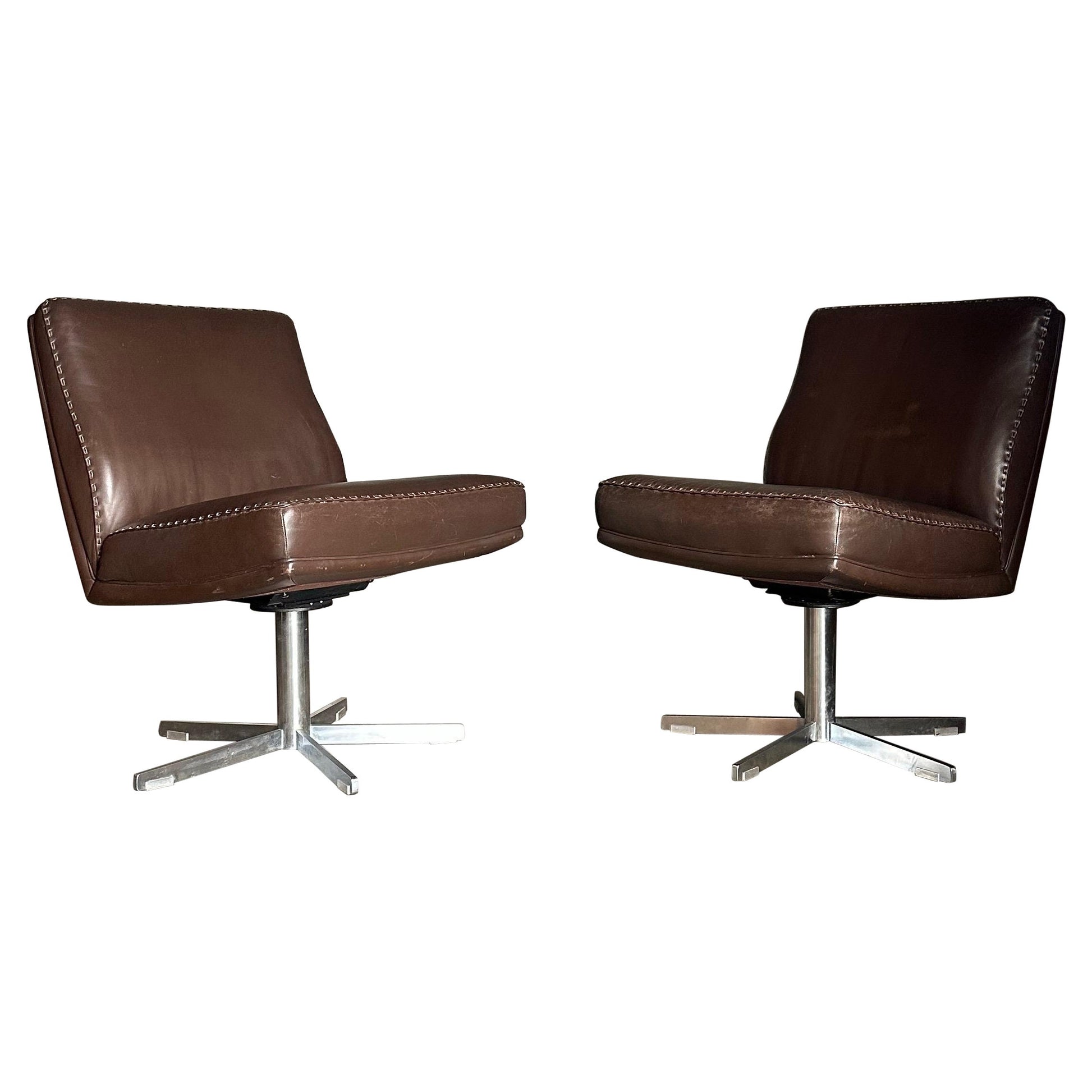 Frisman Vintage 1970s De Sede Leather and Metal Swivel Chairs- A Pair
