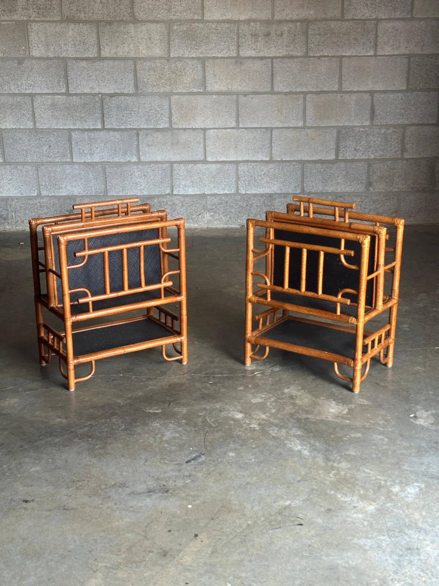 Frisman Vintage Vintage Pagoda British Colonial Style Bamboo and Cane Magazine Racks- a Pair