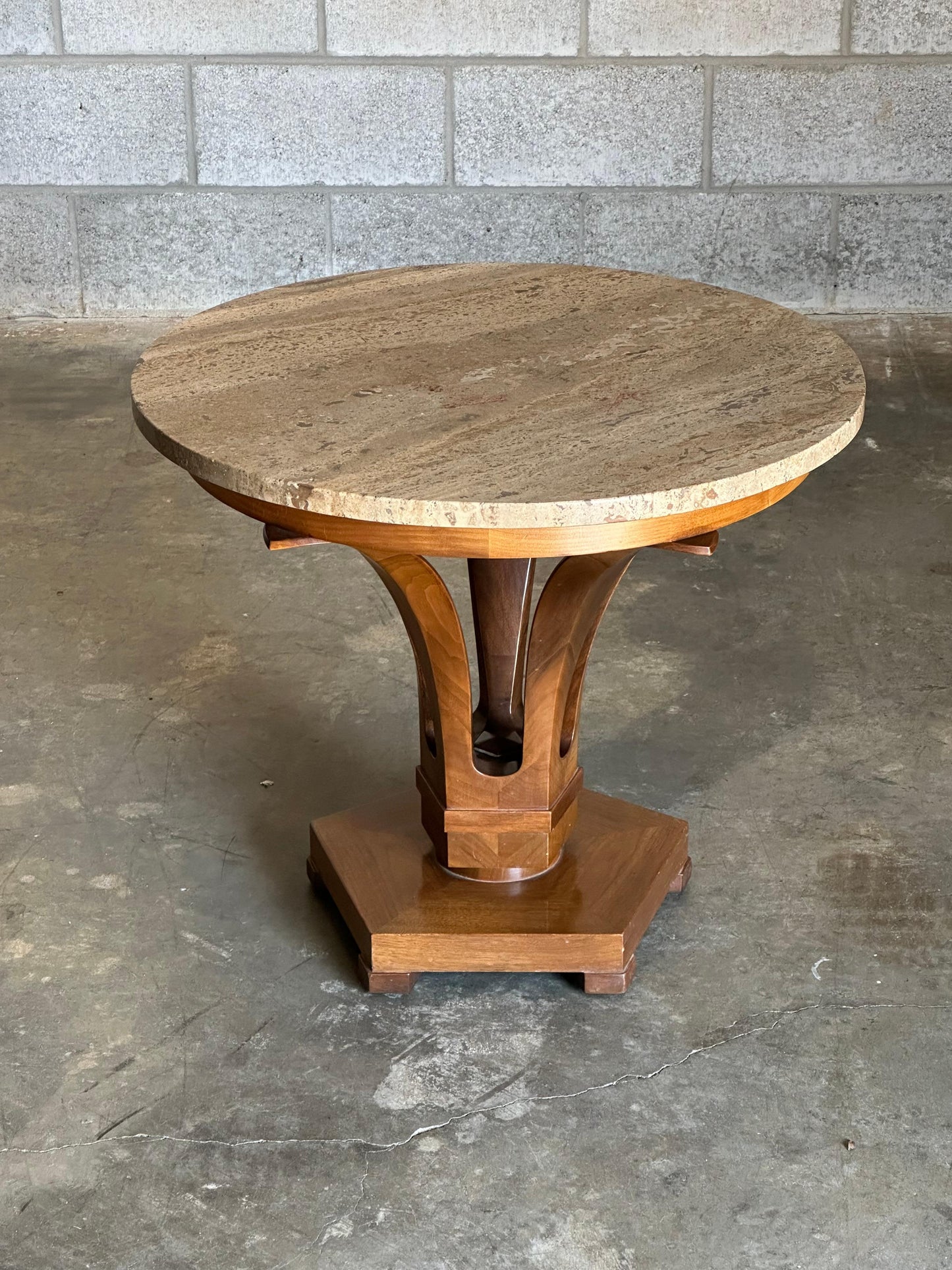 Frisman Vintage Edward Wormley for Dunbar Large Tulip End/ Side Table in Travertine and Walnut