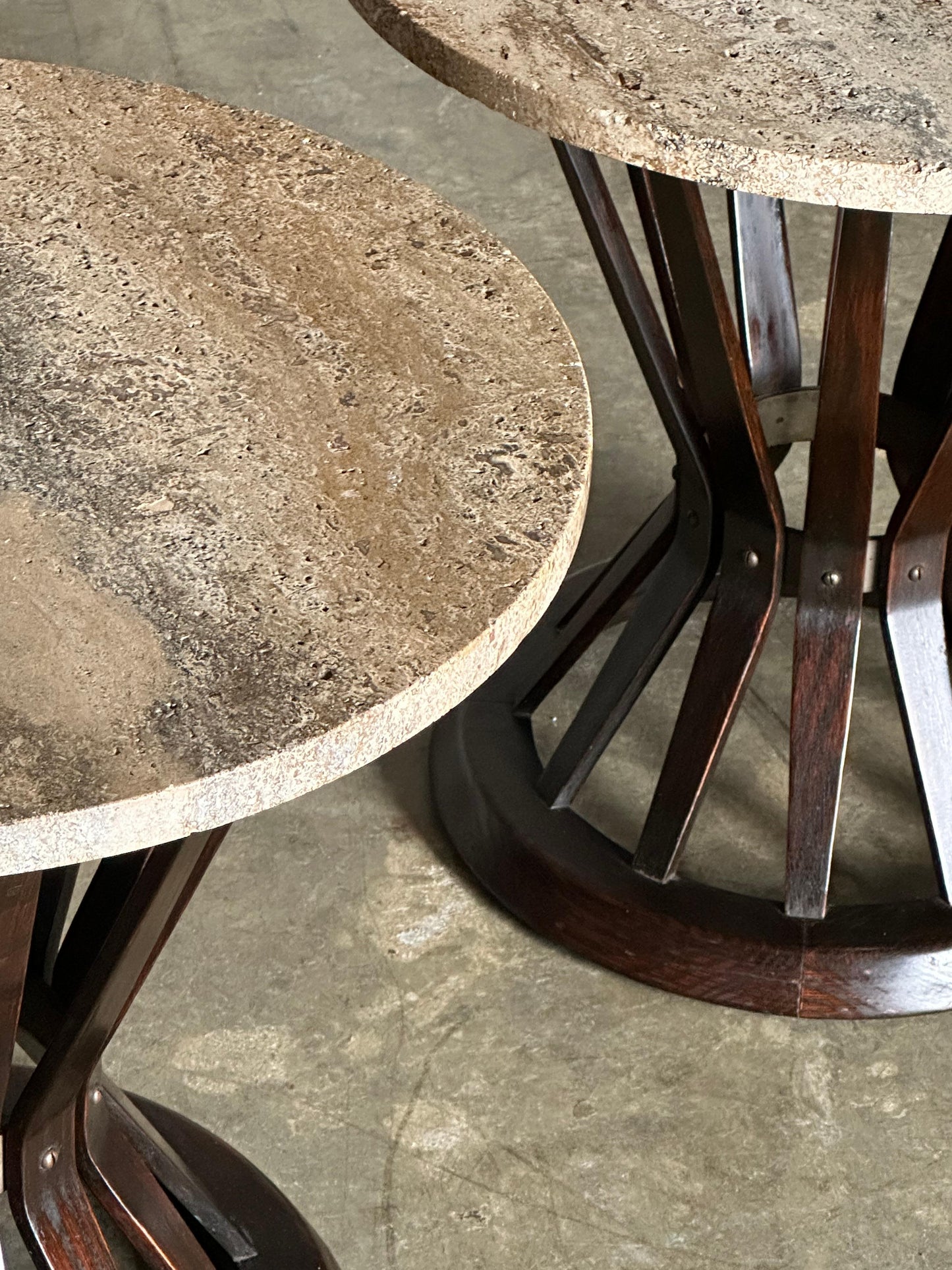 Frisman Vintage Edward Wormley for Dunbar Sheaf of Wheat Tables, Travertine and Ash