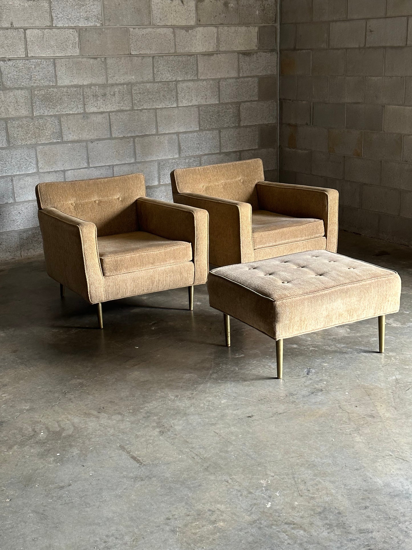 Frisman Vintage Edward Wormley for Dunbar Brass Leg Lounge Chairs and Ottoman