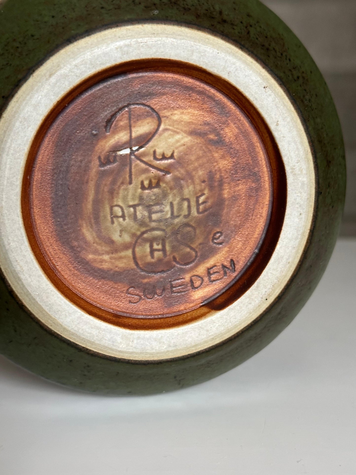 Frisman Vintage Carl Harry Stålhane for Rörstrand Atelje Mottled Green Ceramic Bowl/ Low Vase