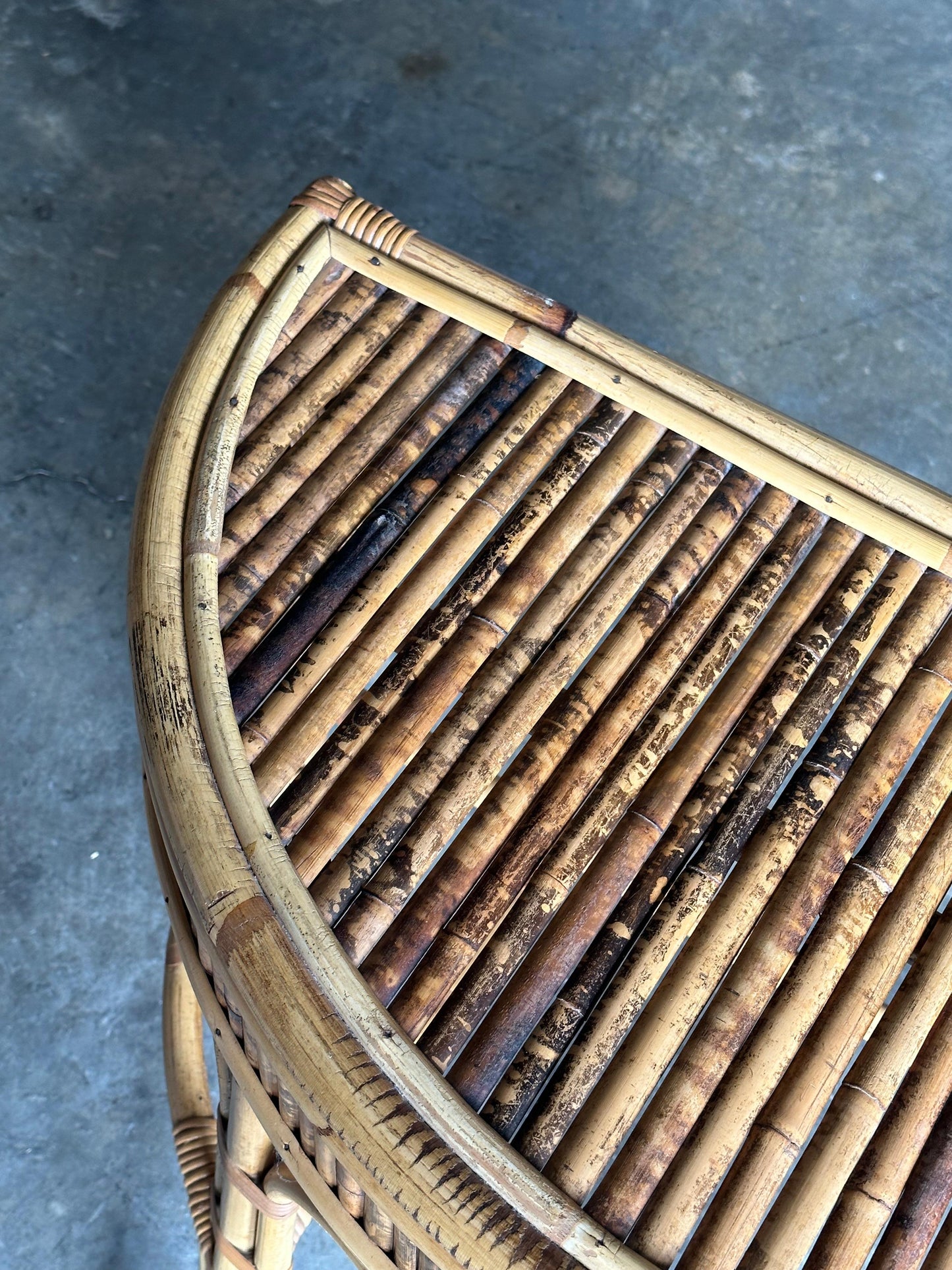 Frisman Vintage 1970s Burnt Bamboo and Rattan Demilune Console Table