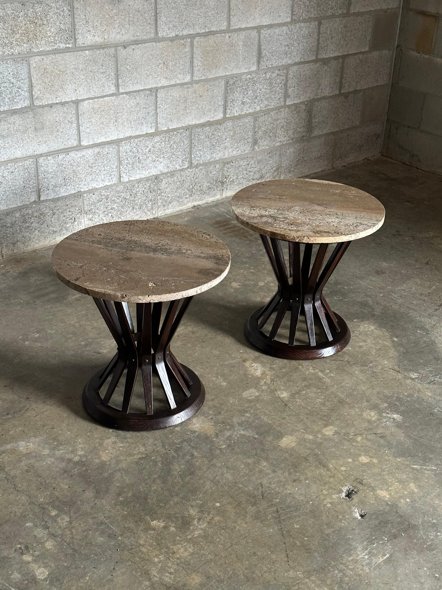 Frisman Vintage Edward Wormley for Dunbar Sheaf of Wheat Tables, Travertine and Ash