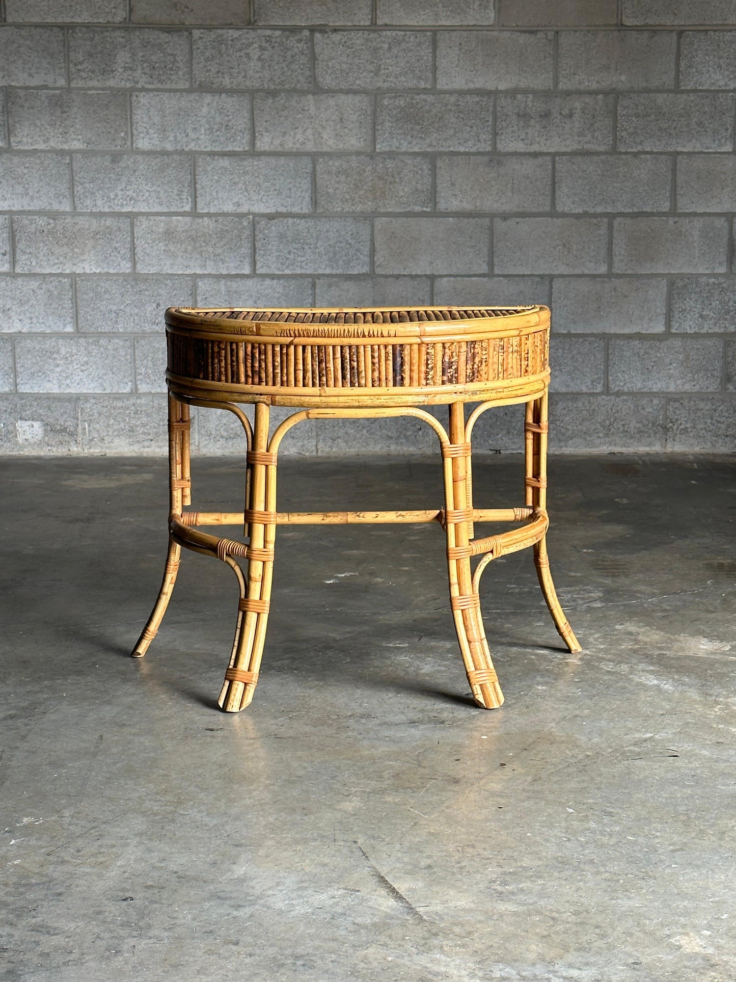 Frisman Vintage 1970s Burnt Bamboo and Rattan Demilune Console Table