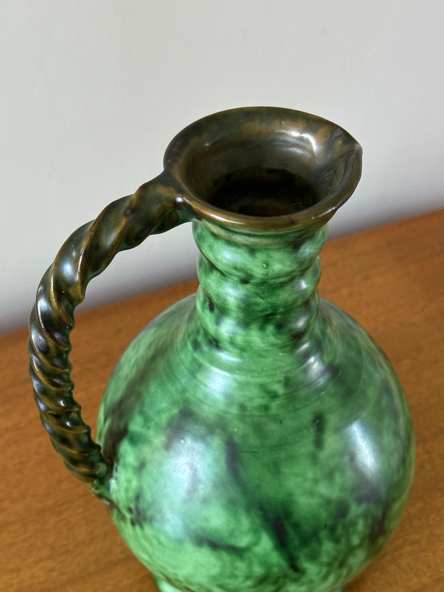 Frisman Vintage Erik Mornils Handled Pitcher Vase for Nittsjö Keramik, Sweden, Malachite Glaze