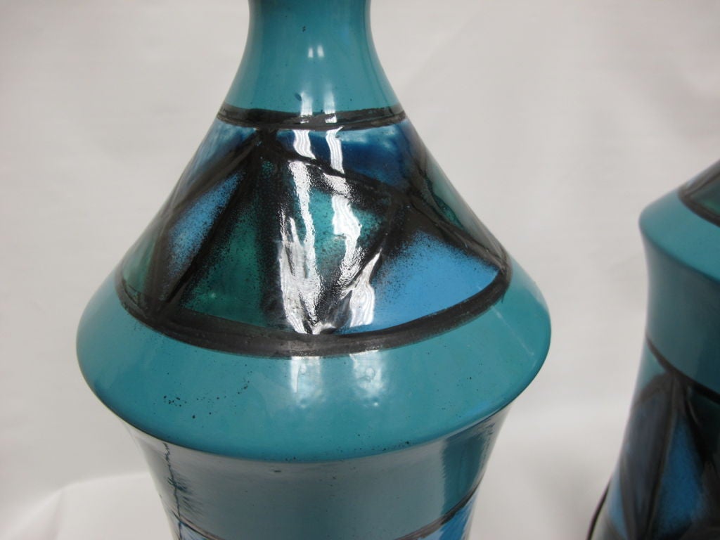 Frisman Vintage A Pair of Large Blue Green Ceramic Lamps from Italy