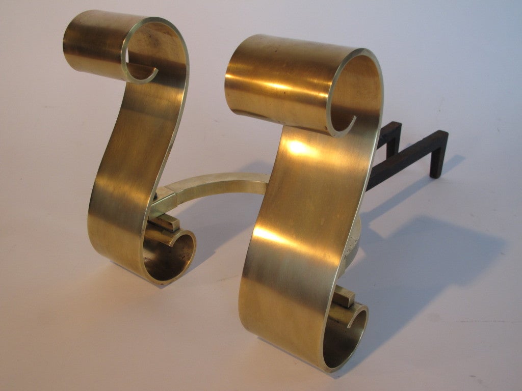 Frisman Vintage A Pair of Decorative Brass Scroll Andirons