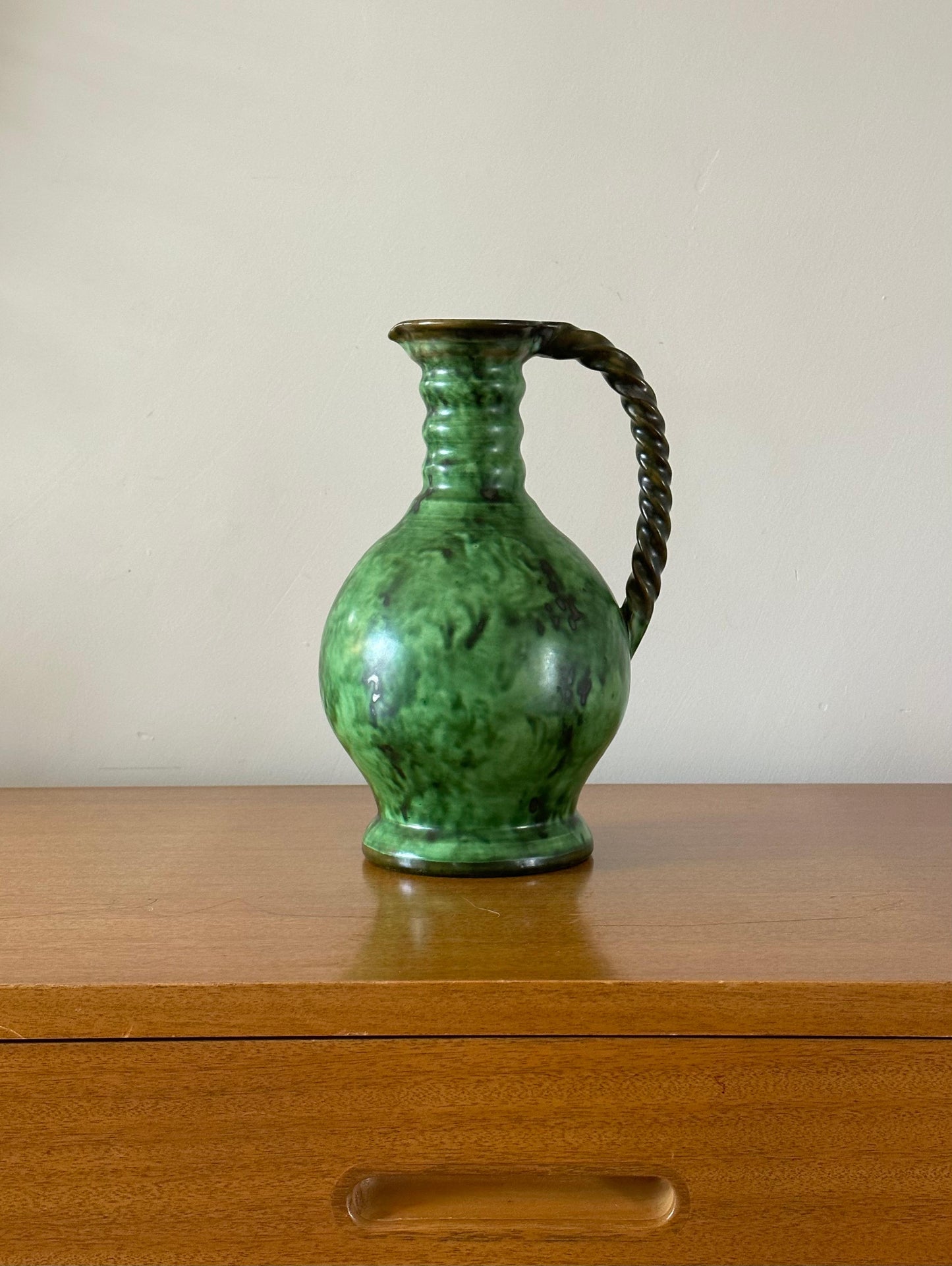 Frisman Vintage Erik Mornils Handled Pitcher Vase for Nittsjö Keramik, Sweden, Malachite Glaze