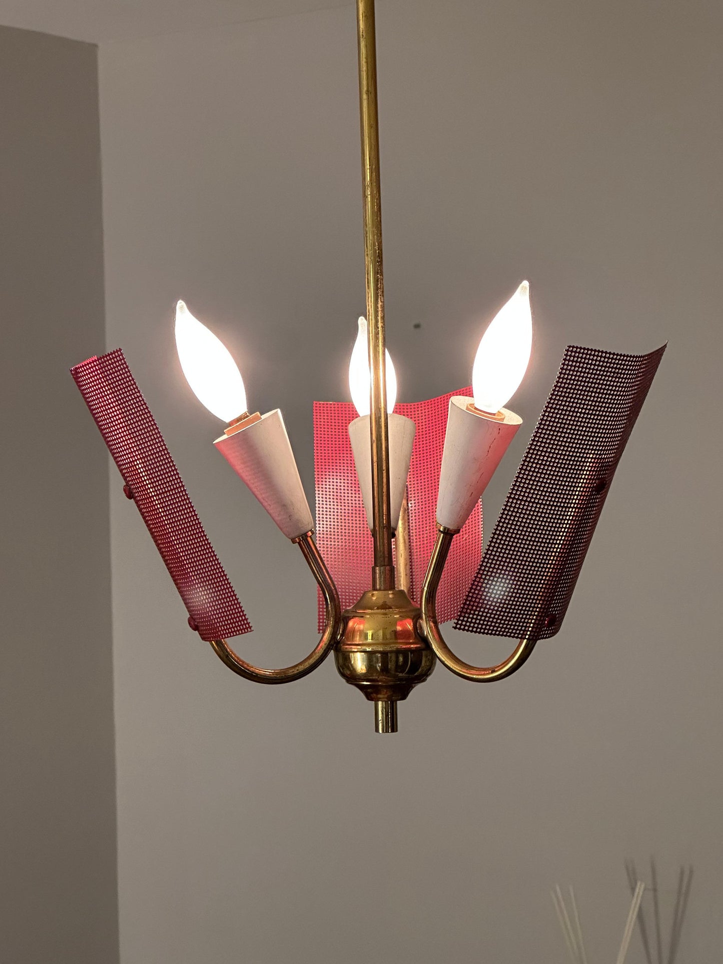 Frisman Vintage Mid Century Modern Perforated Red Metal and Brass Chandelier