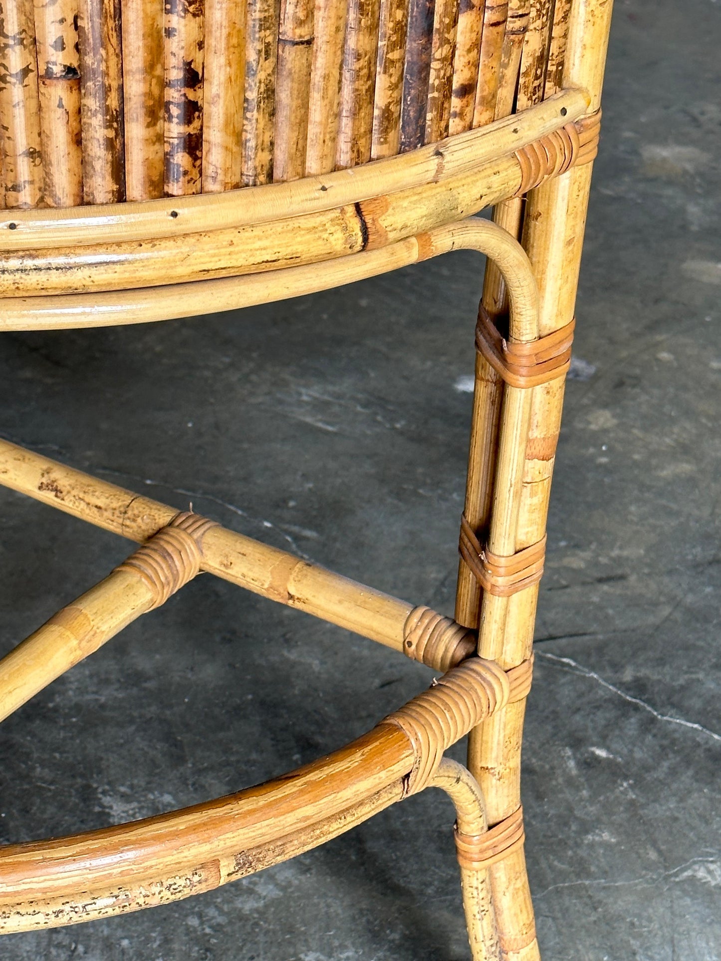 Frisman Vintage 1970s Burnt Bamboo and Rattan Demilune Console Table