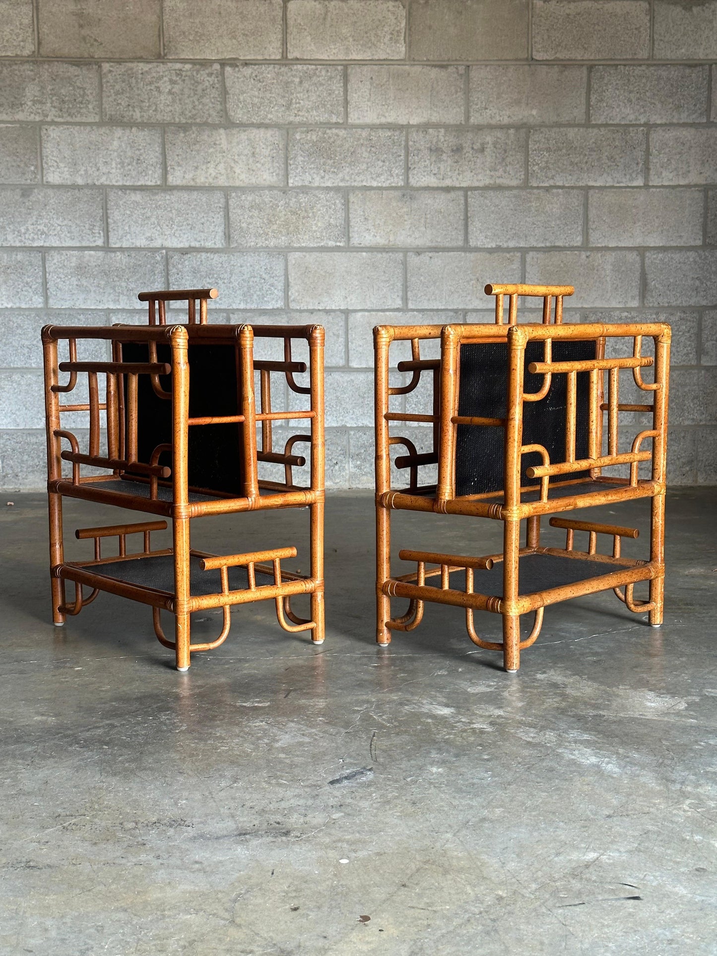 Frisman Vintage Vintage Pagoda British Colonial Style Bamboo and Cane Magazine Racks- a Pair