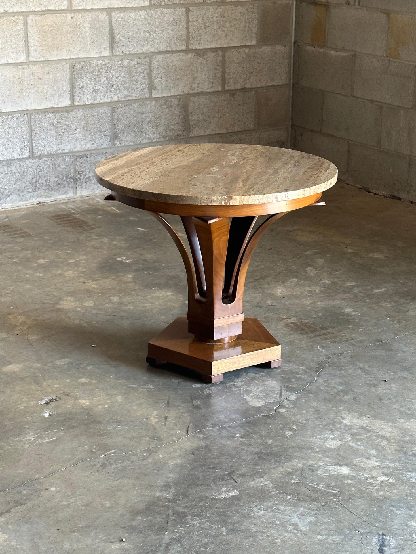 Frisman Vintage Edward Wormley for Dunbar Large Tulip End/ Side Table in Travertine and Walnut