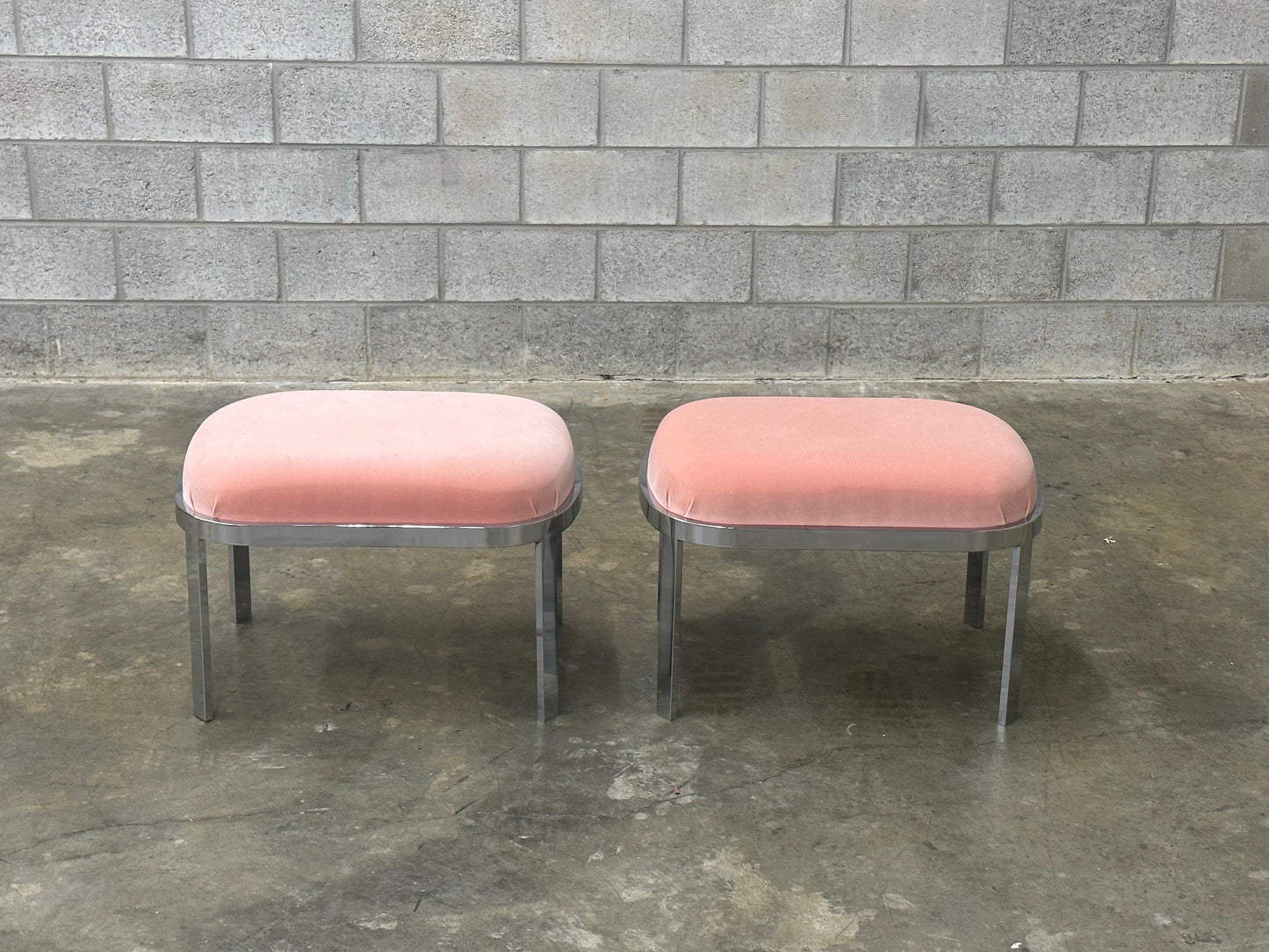 Frisman Vintage Large Chrome Stools or Ottomans Attributed to Milo Baughman- A Pair