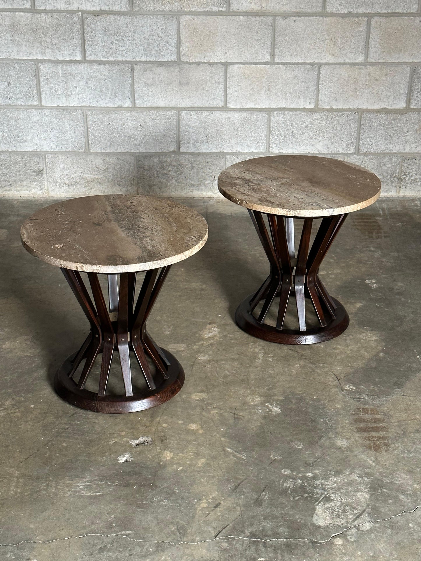 Frisman Vintage Edward Wormley for Dunbar Sheaf of Wheat Tables, Travertine and Ash