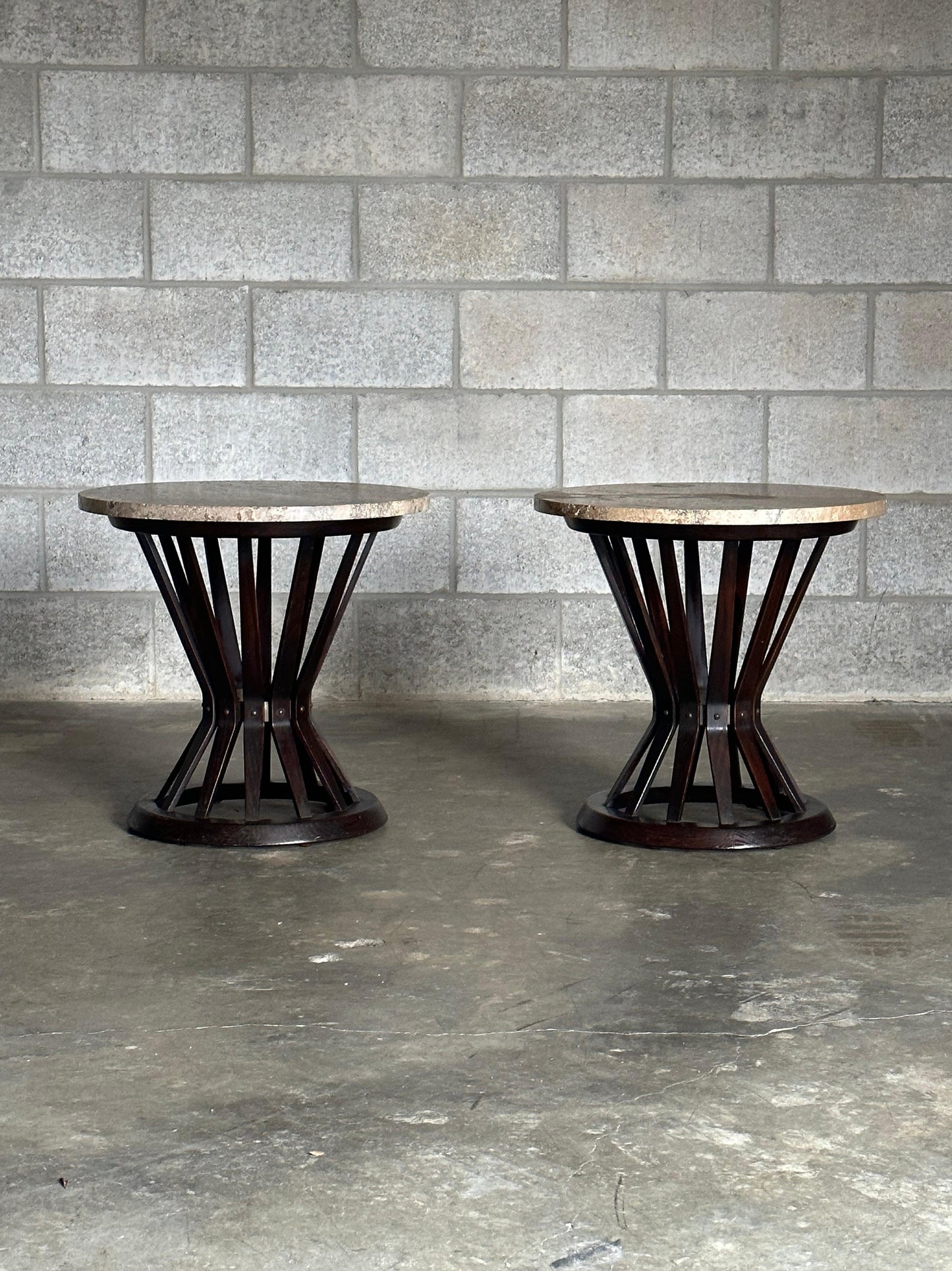 Frisman Vintage Edward Wormley for Dunbar Sheaf of Wheat Tables, Travertine and Ash