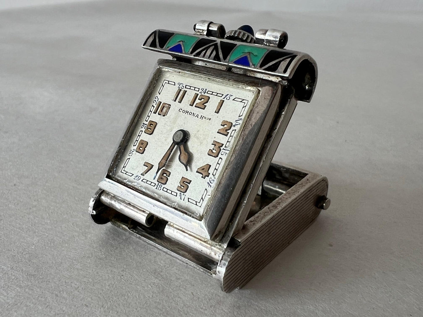 Frisman Vintage Stylized Art Deco Enameled Travel Clock In .925 Sterling ca' 1920's