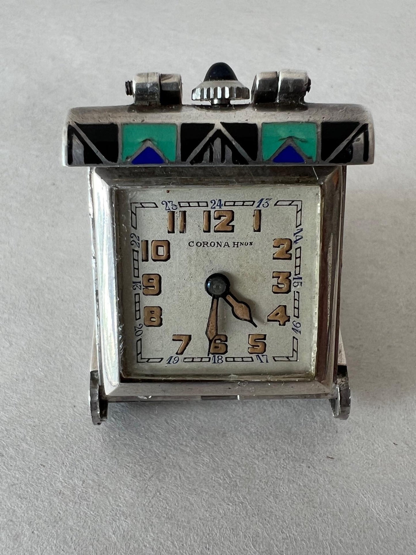 Frisman Vintage Stylized Art Deco Enameled Travel Clock In .925 Sterling ca' 1920's