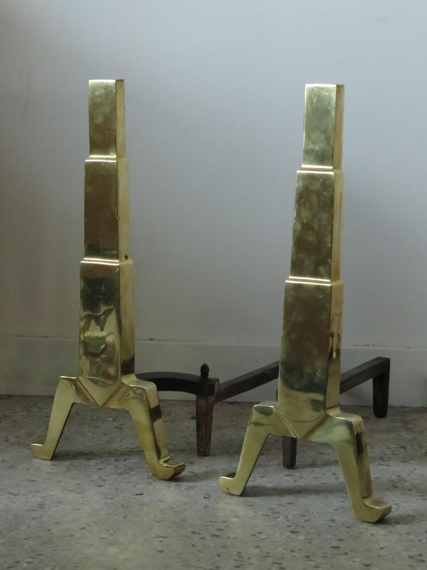 Frisman Vintage American Art Deco Andirons Polished Brass
