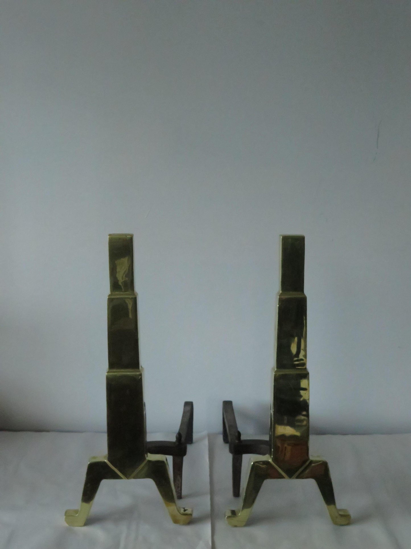 Frisman Vintage American Art Deco Andirons Polished Brass