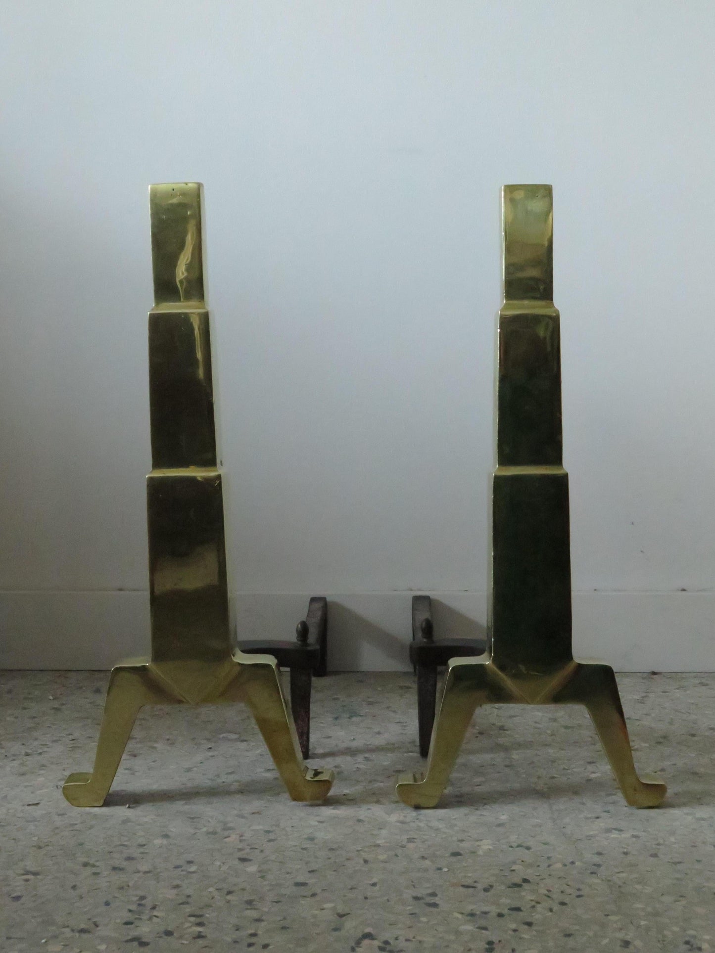 Frisman Vintage American Art Deco Andirons Polished Brass