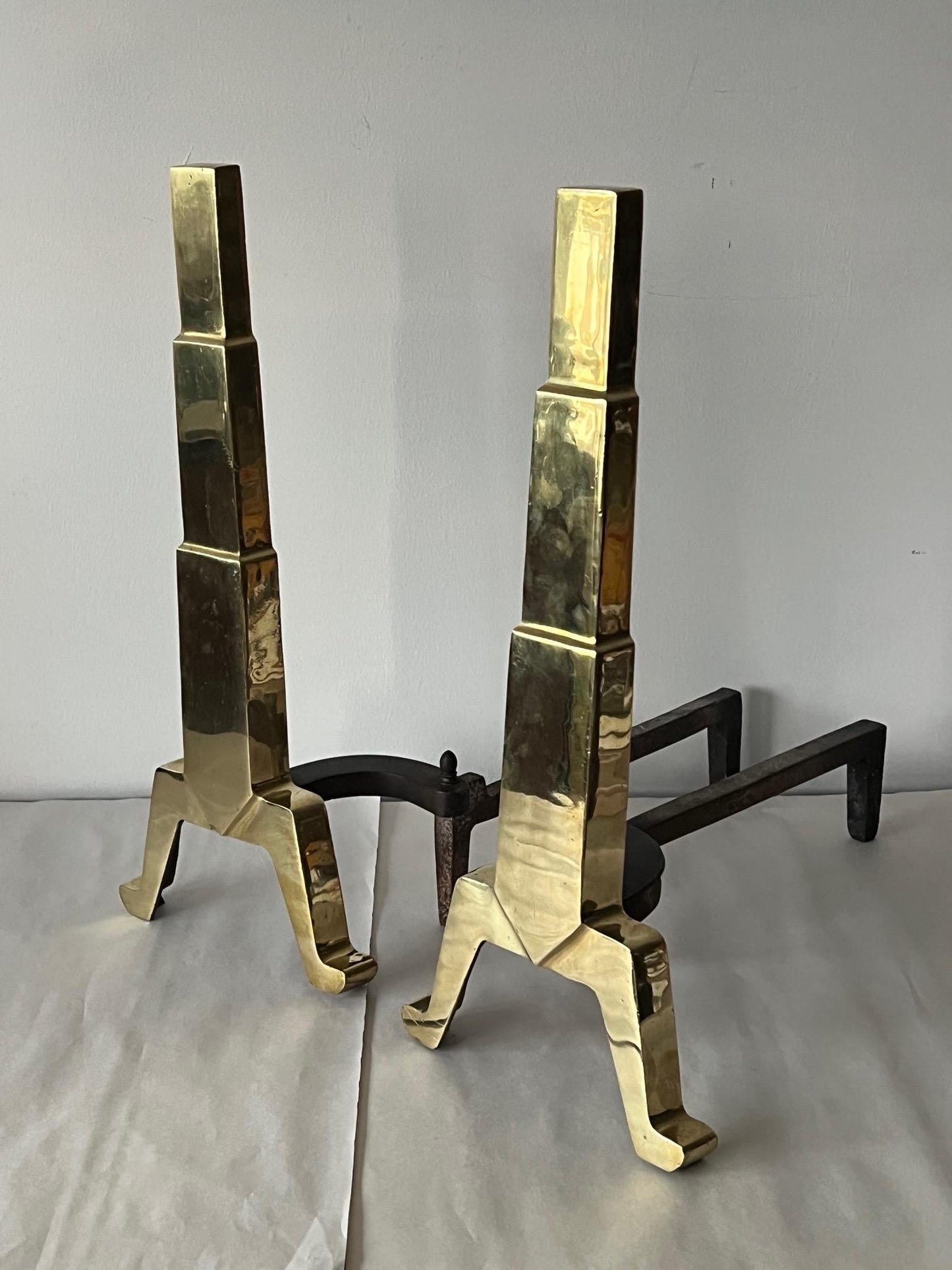 Frisman Vintage American Art Deco Andirons Polished Brass