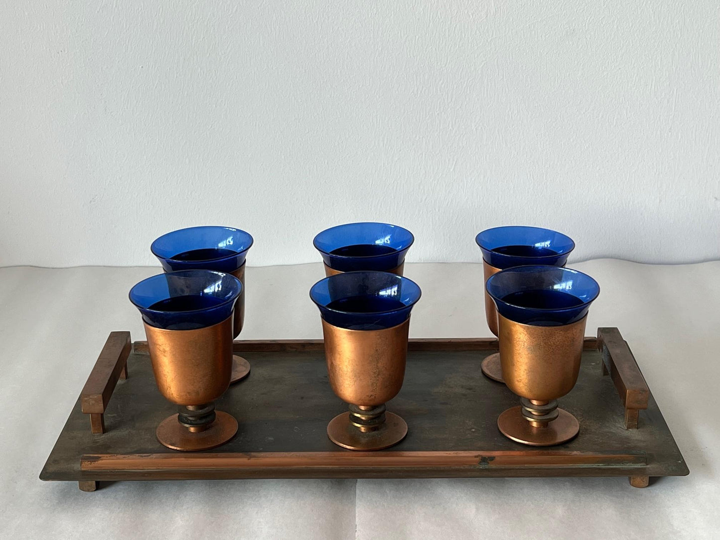 Frisman Vintage Modernist Art Deco Cobalt Glass and Copper Tray Drink Set