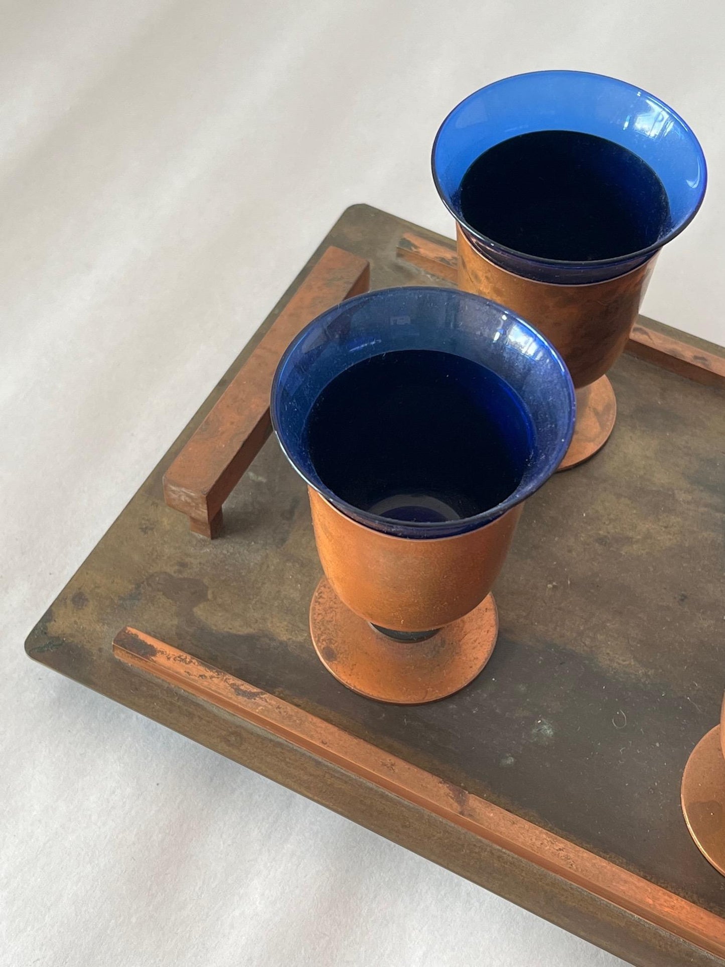 Frisman Vintage Modernist Art Deco Cobalt Glass and Copper Tray Drink Set