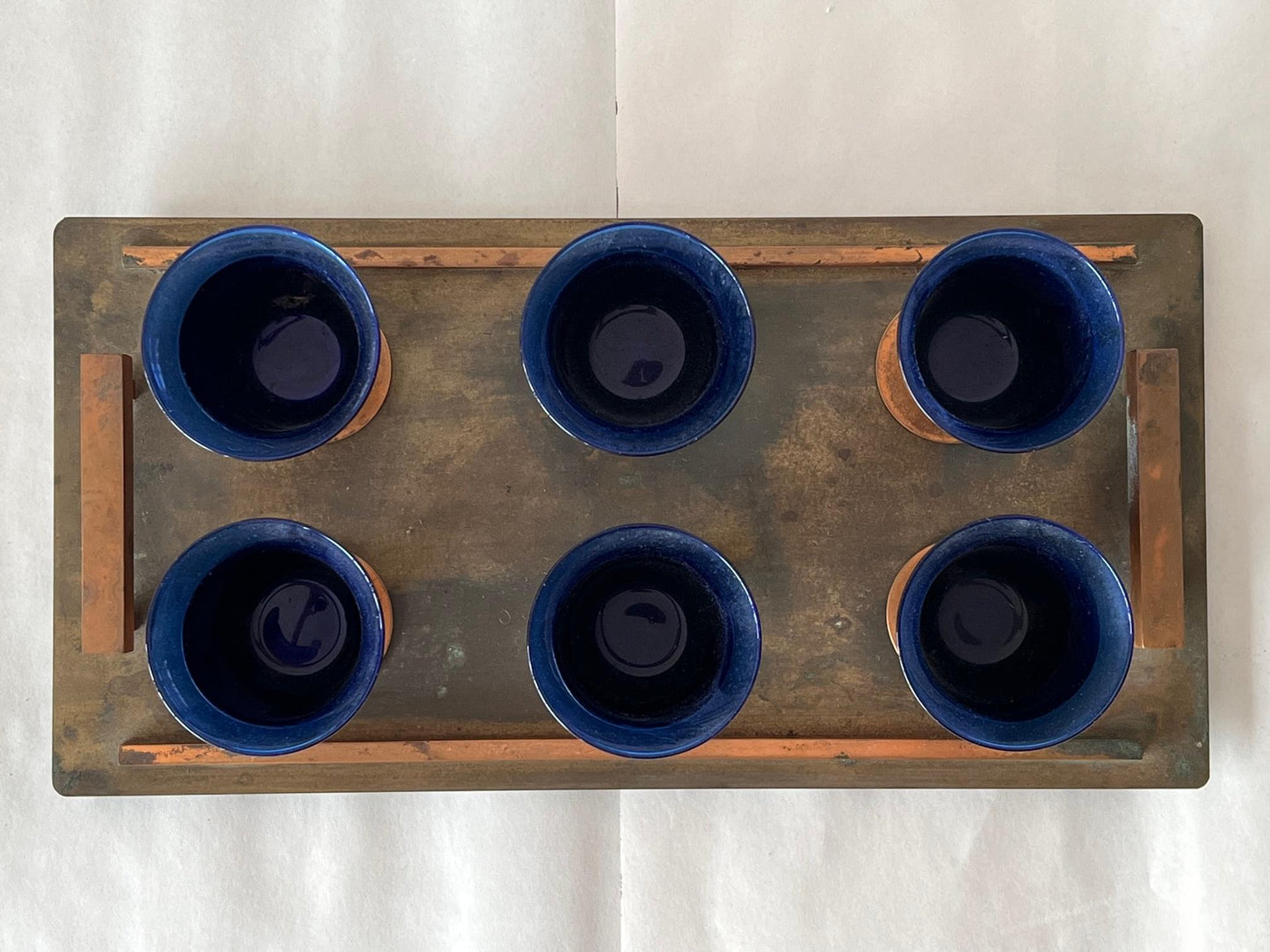 Frisman Vintage Modernist Art Deco Cobalt Glass and Copper Tray Drink Set