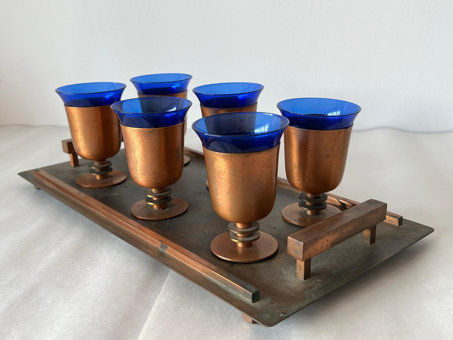 Frisman Vintage Modernist Art Deco Cobalt Glass and Copper Tray Drink Set