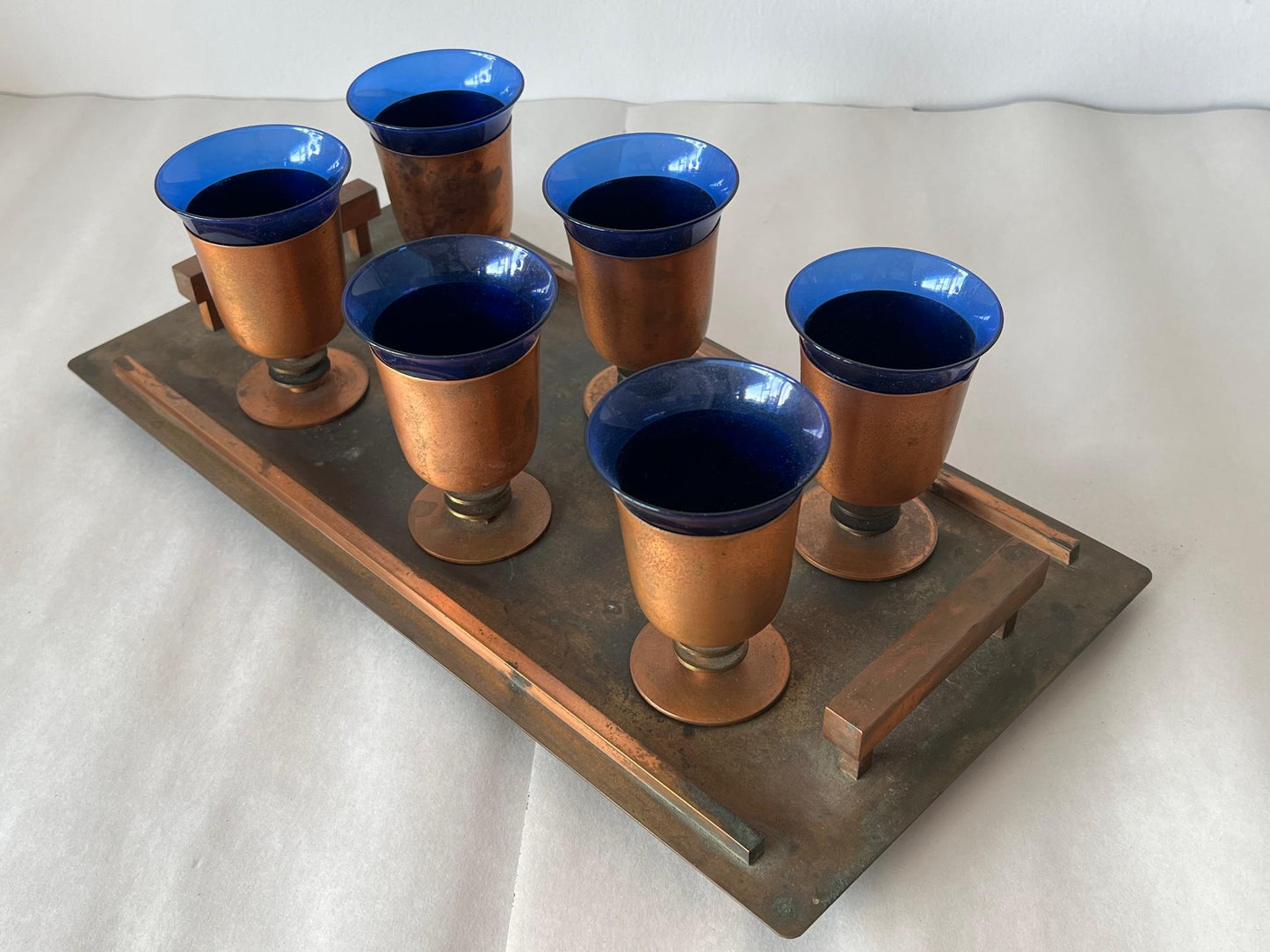 Frisman Vintage Modernist Art Deco Cobalt Glass and Copper Tray Drink Set