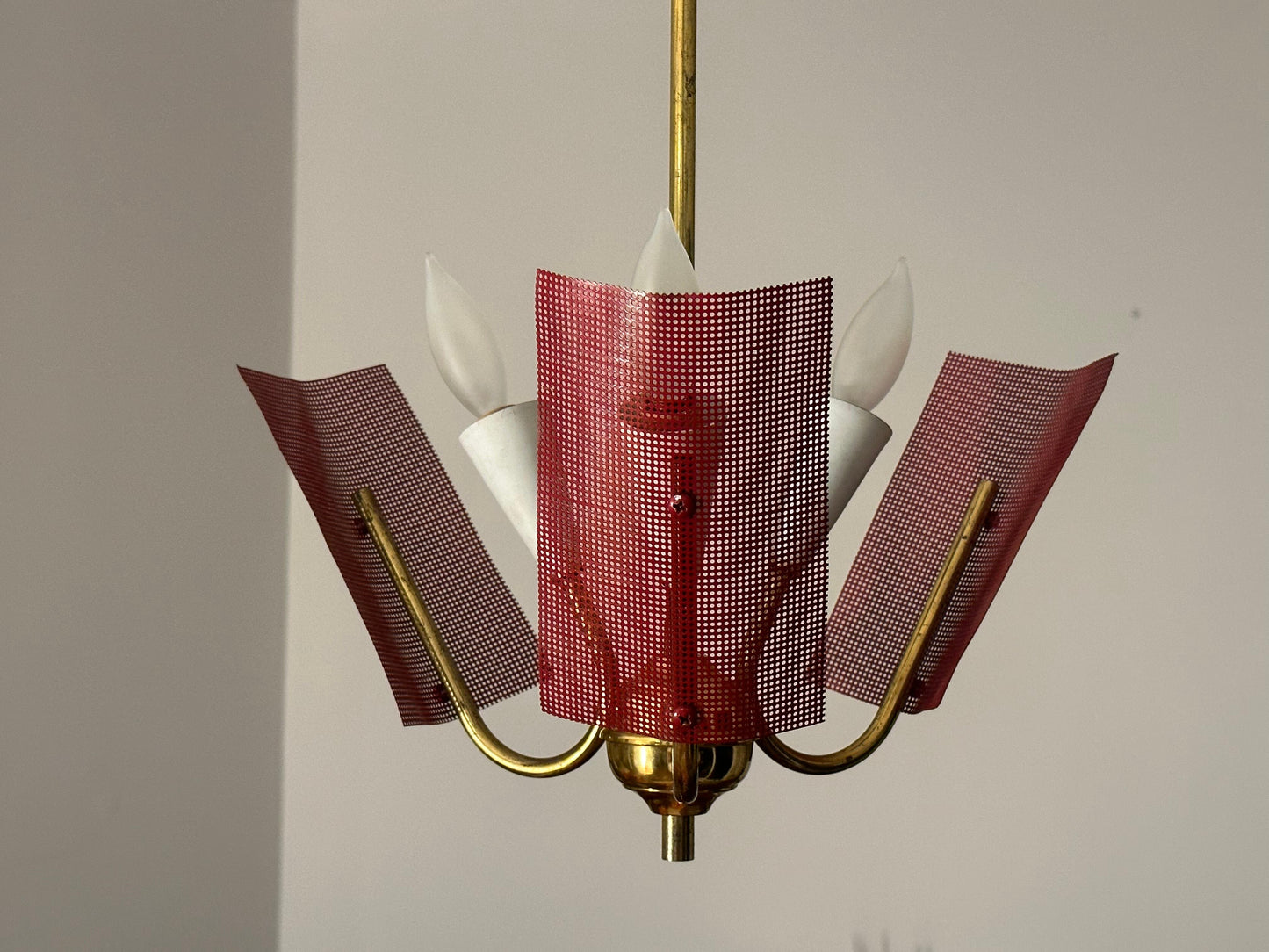Frisman Vintage Mid Century Modern Perforated Red Metal and Brass Chandelier