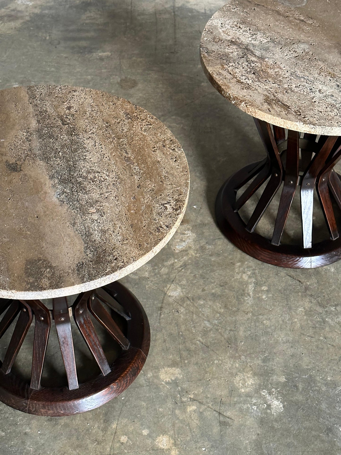 Frisman Vintage Edward Wormley for Dunbar Sheaf of Wheat Tables, Travertine and Ash